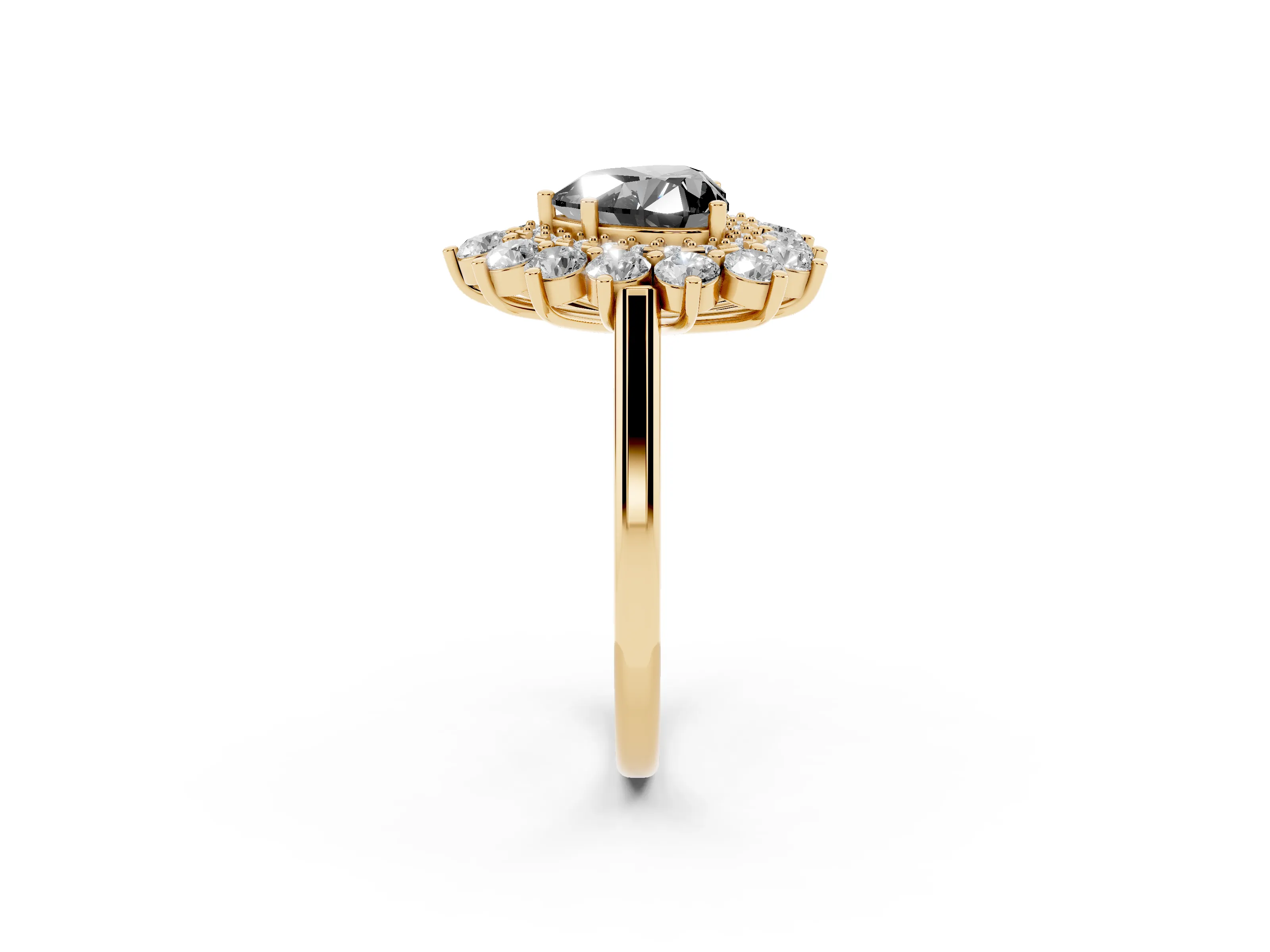 Fancy Black Heart Cut Diamond Floral Double Halo Ring Set in Yellow gold with Round Petals