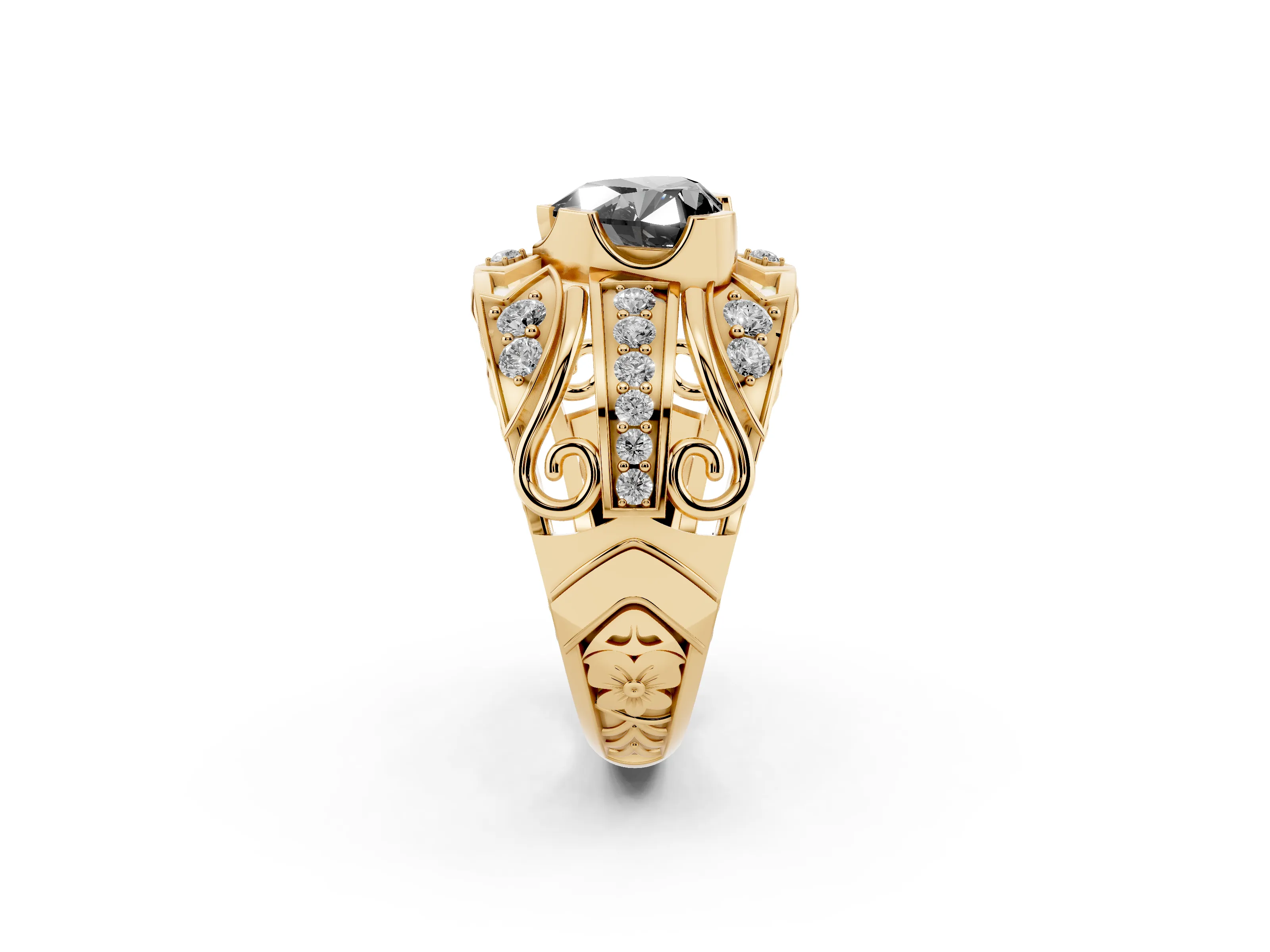 Fancy Black Heart Cut Diamond Art Deco Ring Set in Yellow gold with Pavé Split Shank