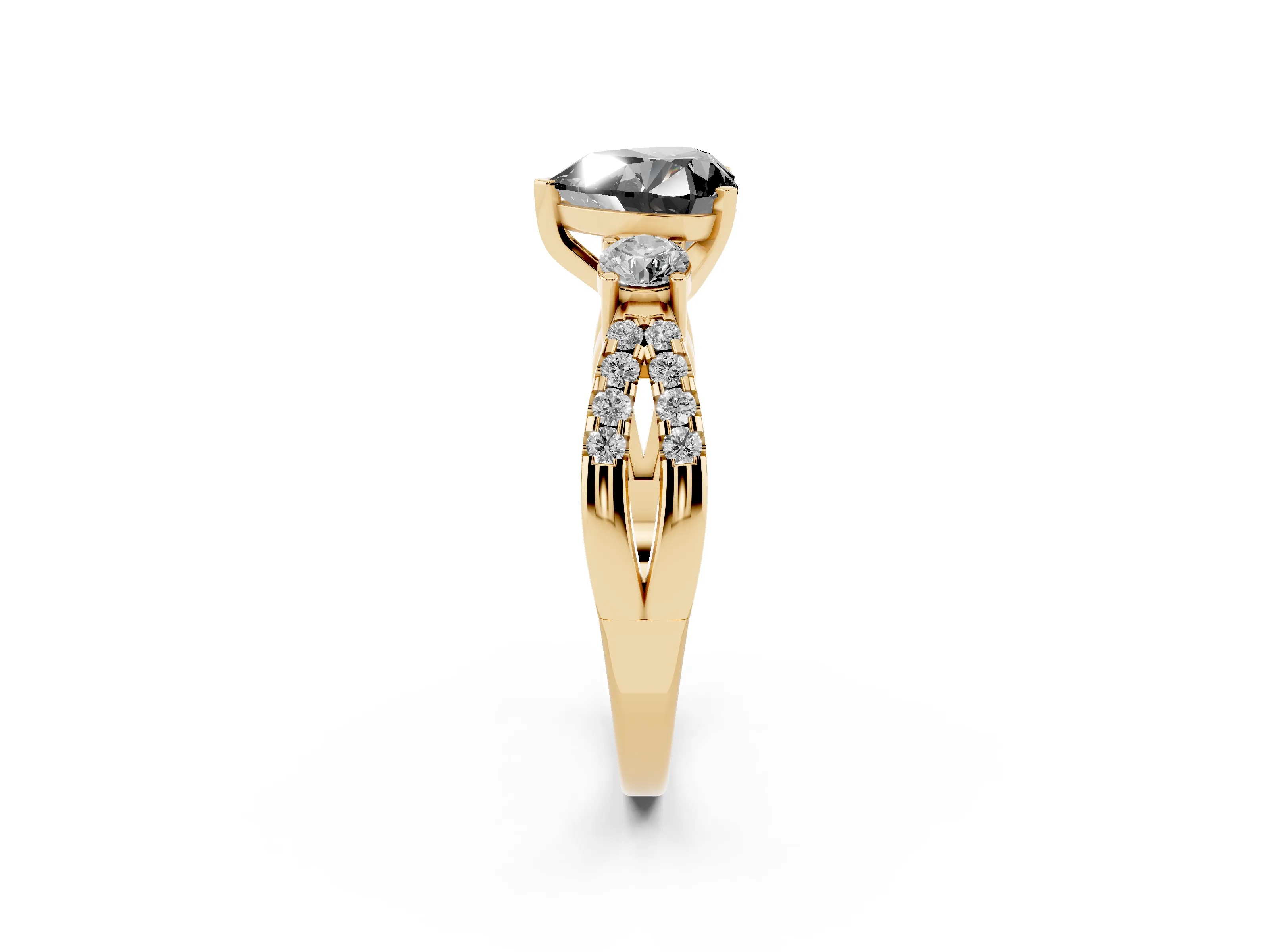 Fancy Black Heart Cut Diamond Three-Stone Ring Set in Yellow gold with Pavé Split Shank and Prong Setting