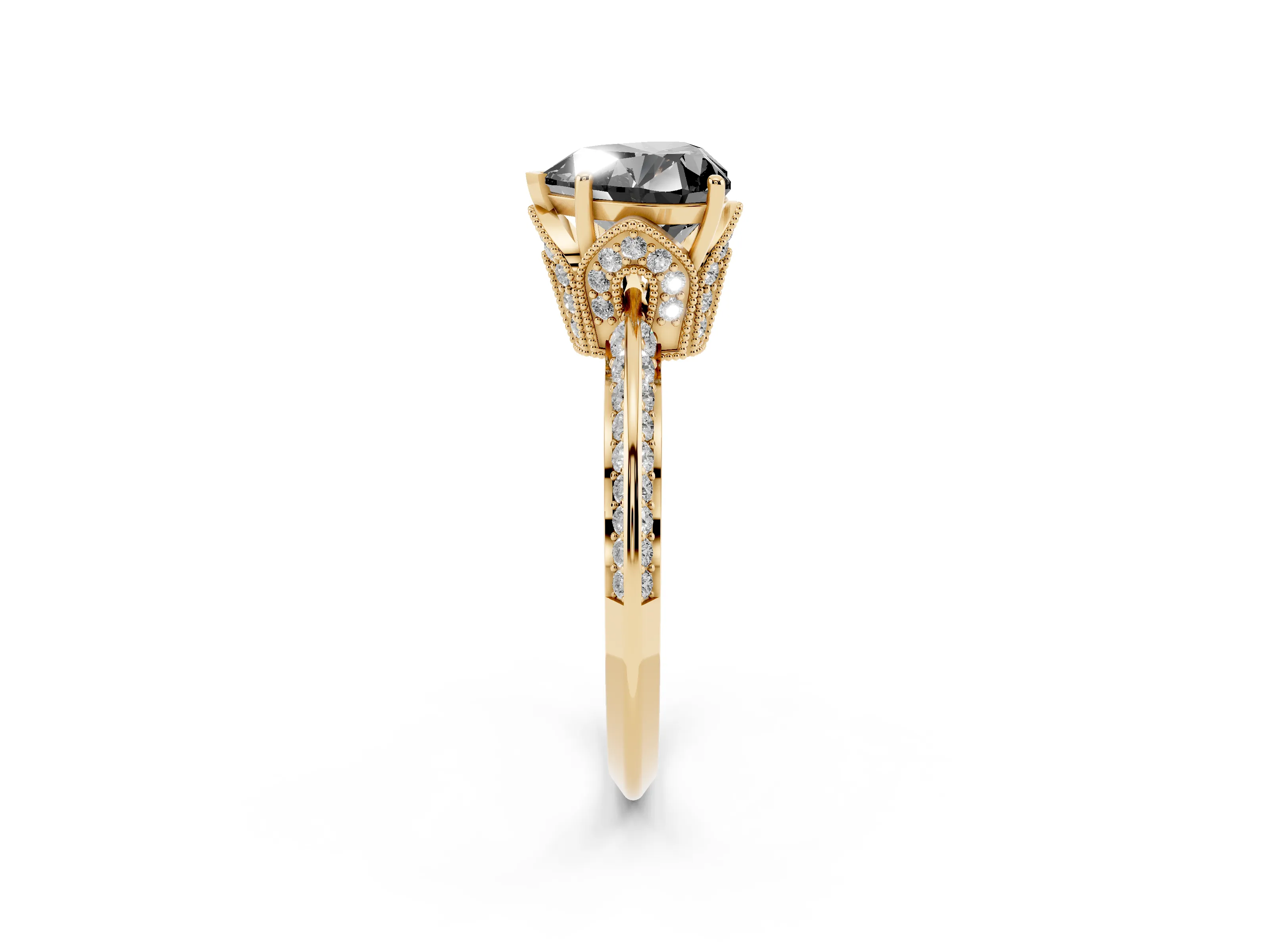 Fancy Black Heart Cut Diamond Solitaire Engagement Ring Set in Yellow gold with Pavé Split Shank and Prong Setting