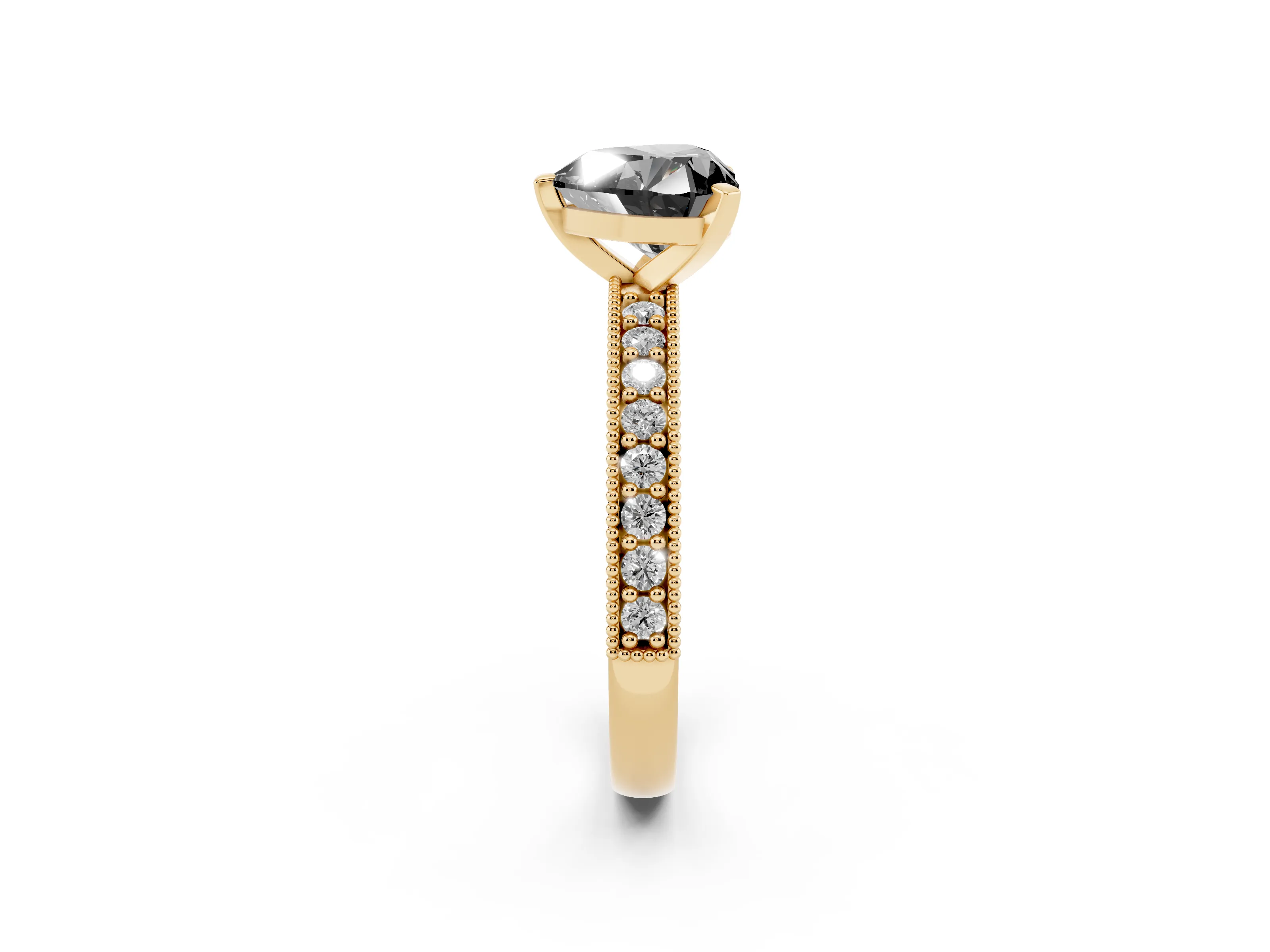 Fancy Black Heart Cut Diamond Milgrain Pavé Engagement Ring Set in Yellow gold with Prong Setting