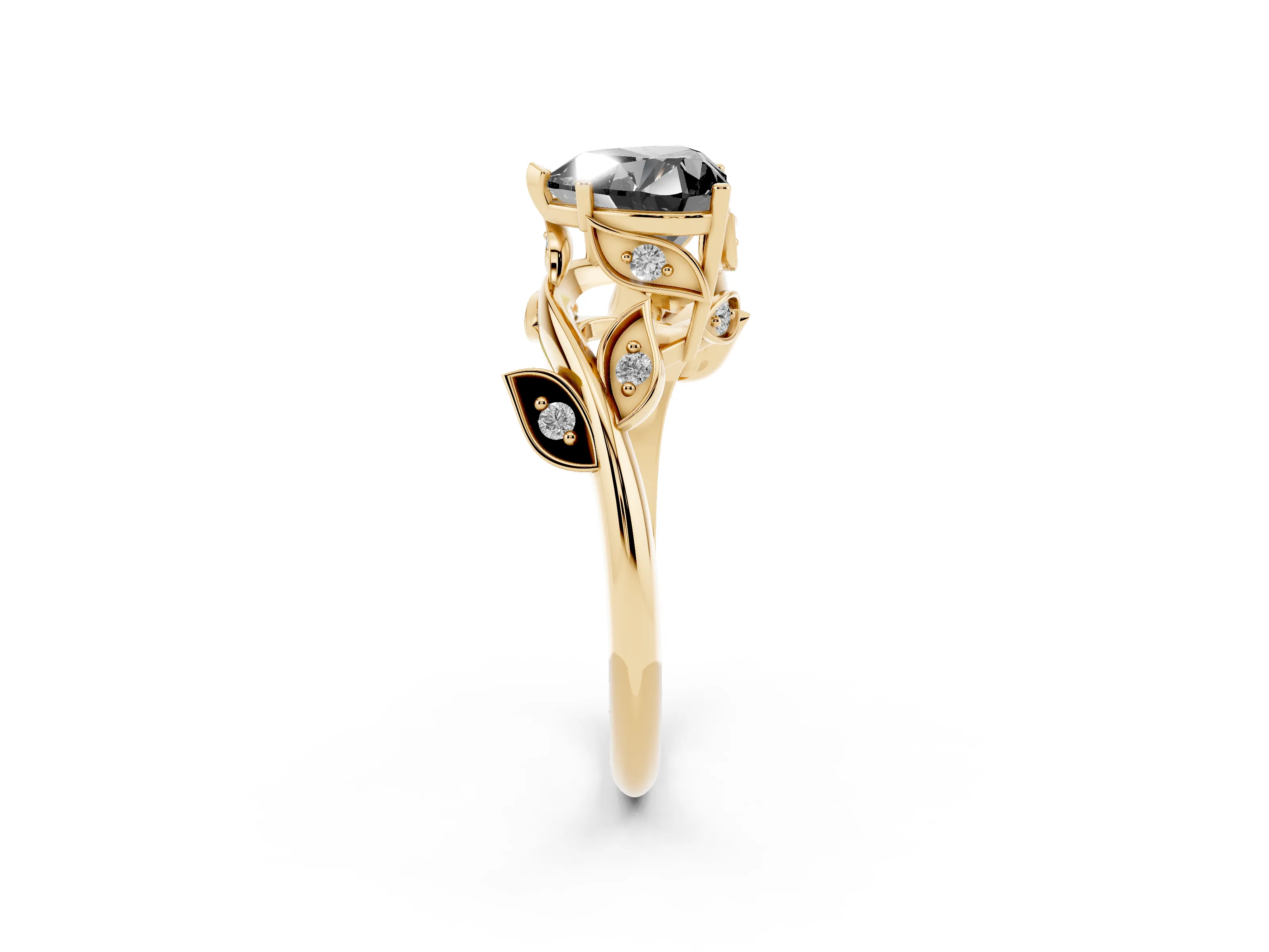 Fancy Black Heart Cut Diamond Solitaire Twist Engagement Ring Set in Yellow gold with Pavé Leaf Accents