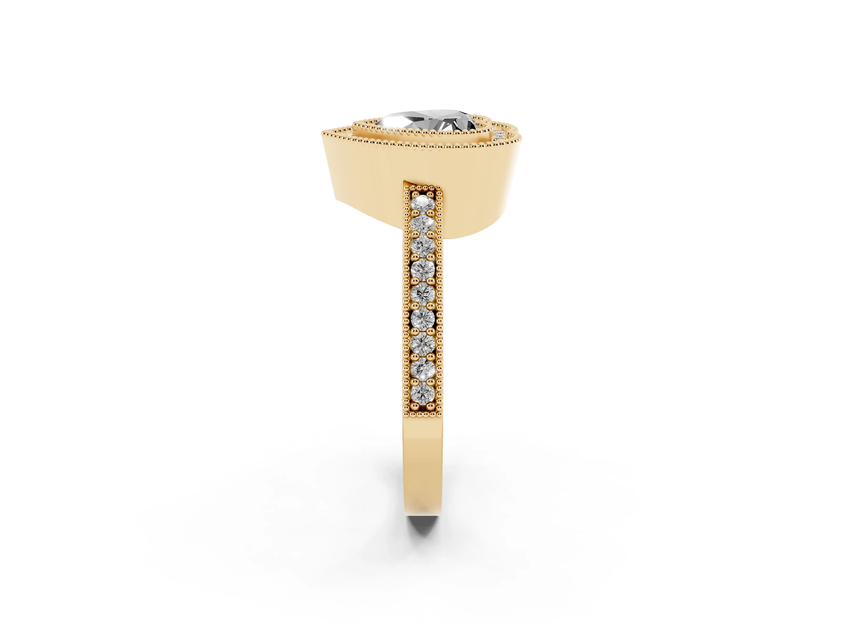 Fancy Black Heart Cut Diamond Halo Engagement Ring Set in Yellow gold with Pavé Band and Round Halo Stones