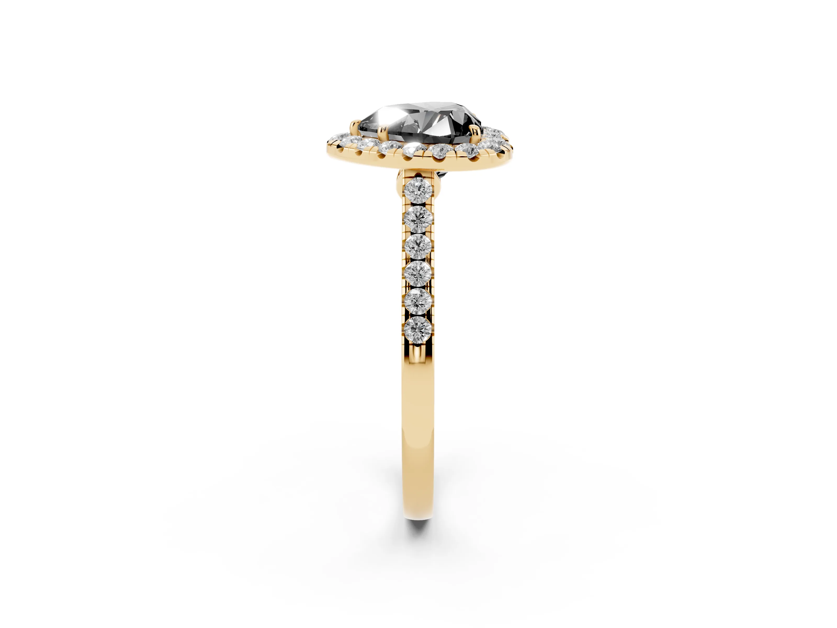 Fancy Black Heart Cut Diamond Halo Pavé Engagement Ring Set in Yellow gold with Prong Setting