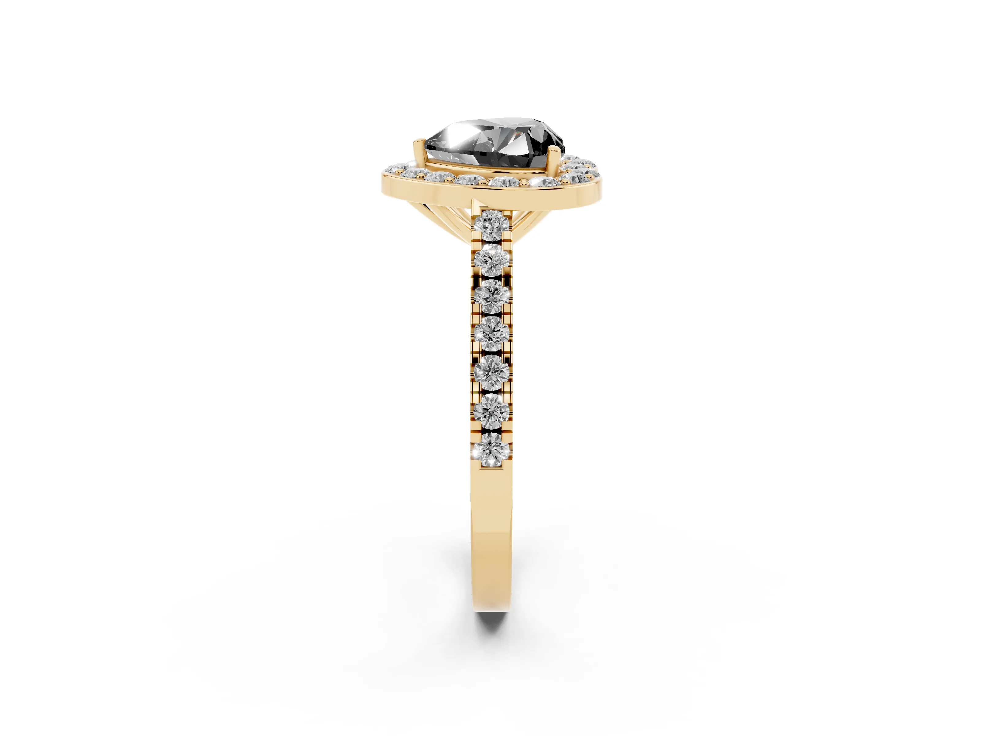 Fancy Black Heart Cut Diamond Halo Ring Set in Yellow gold with Round Pavé Split Shank and Prong Setting