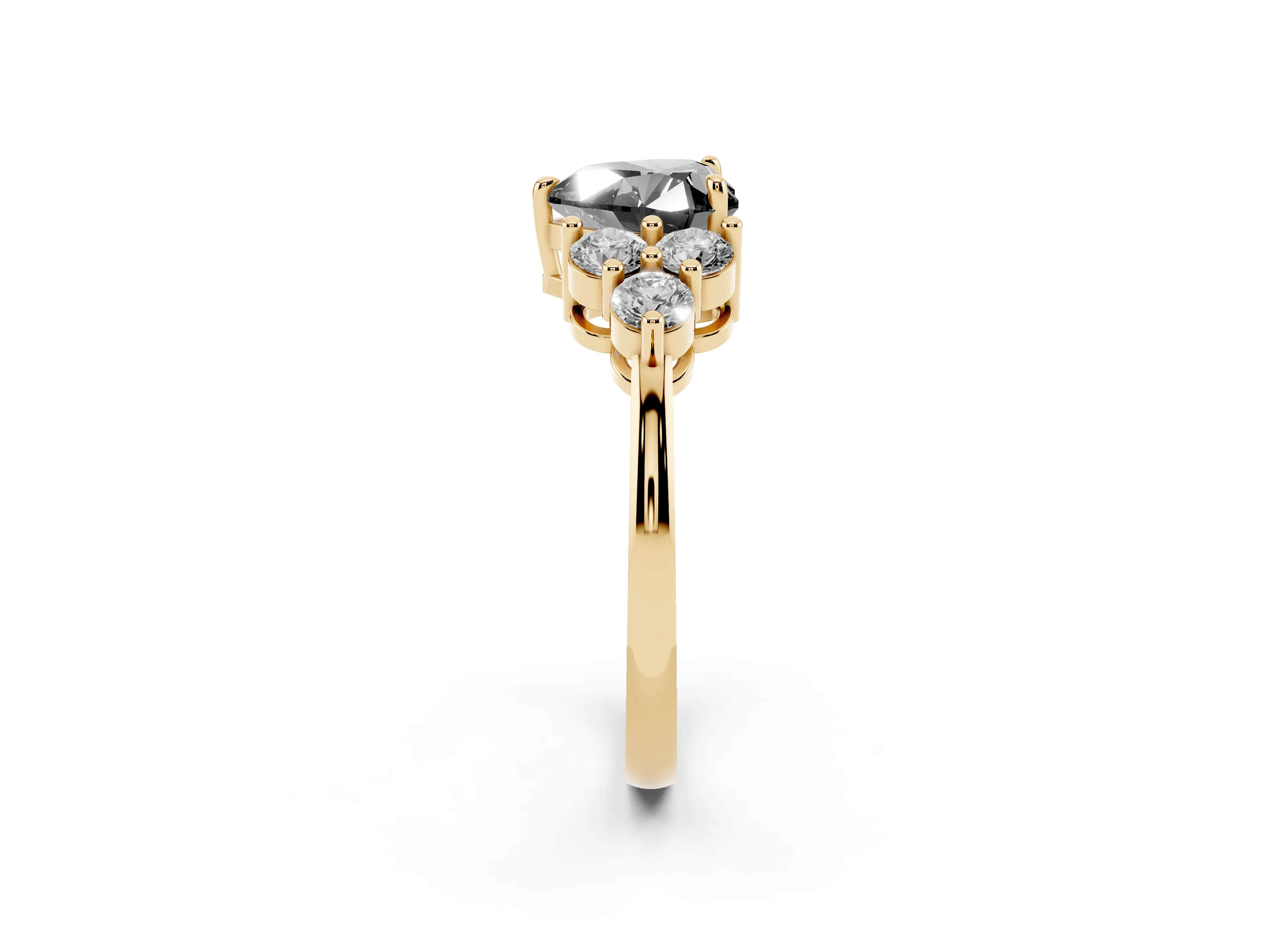 Fancy Black Heart Cut Diamond Solitaire Ring Set in Yellow gold with Cluster Accents on Each Side