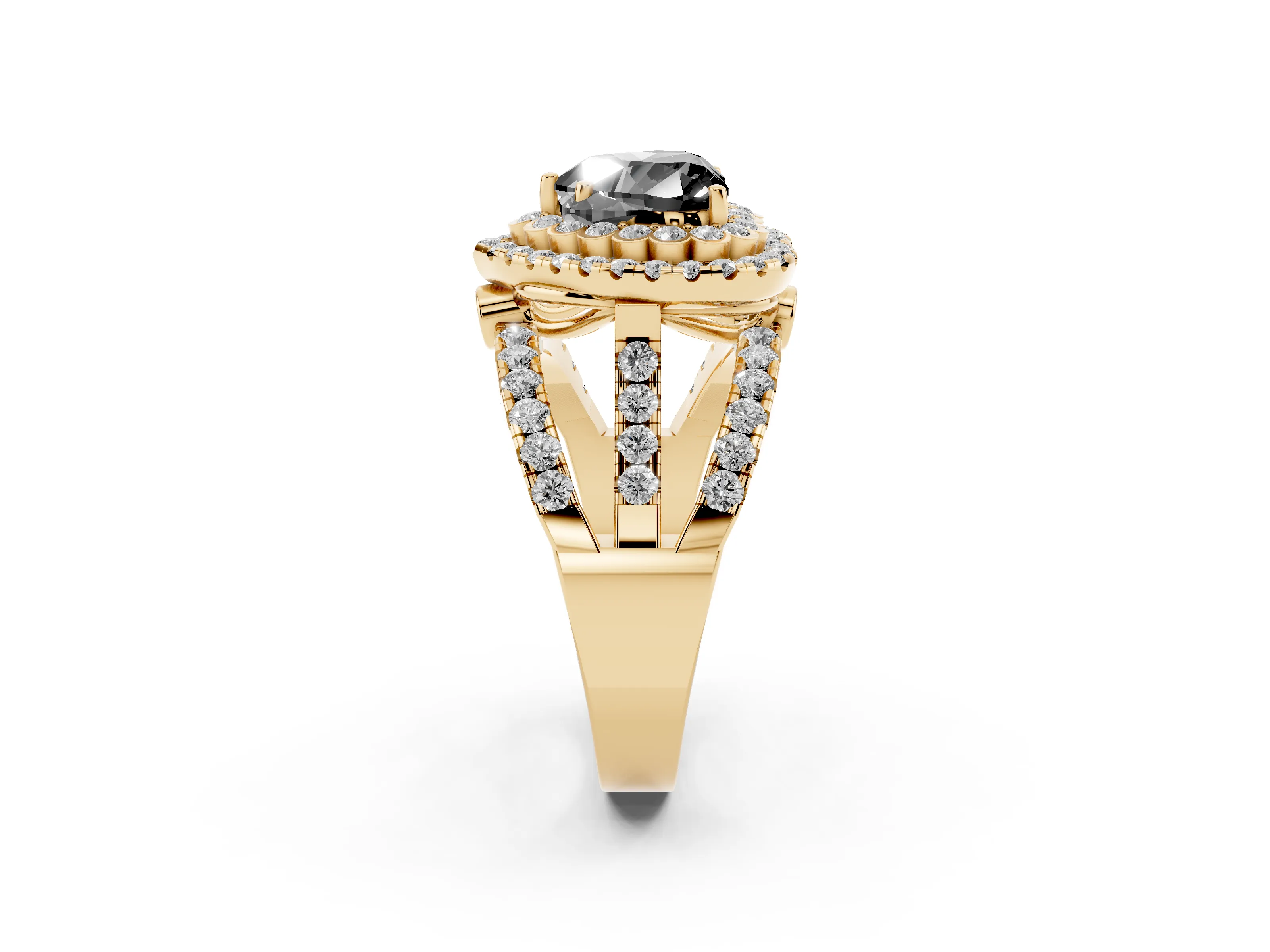 Fancy Black Heart Cut Diamond Double Halo Ring Set in Yellow gold with Round Pavé Split Shank