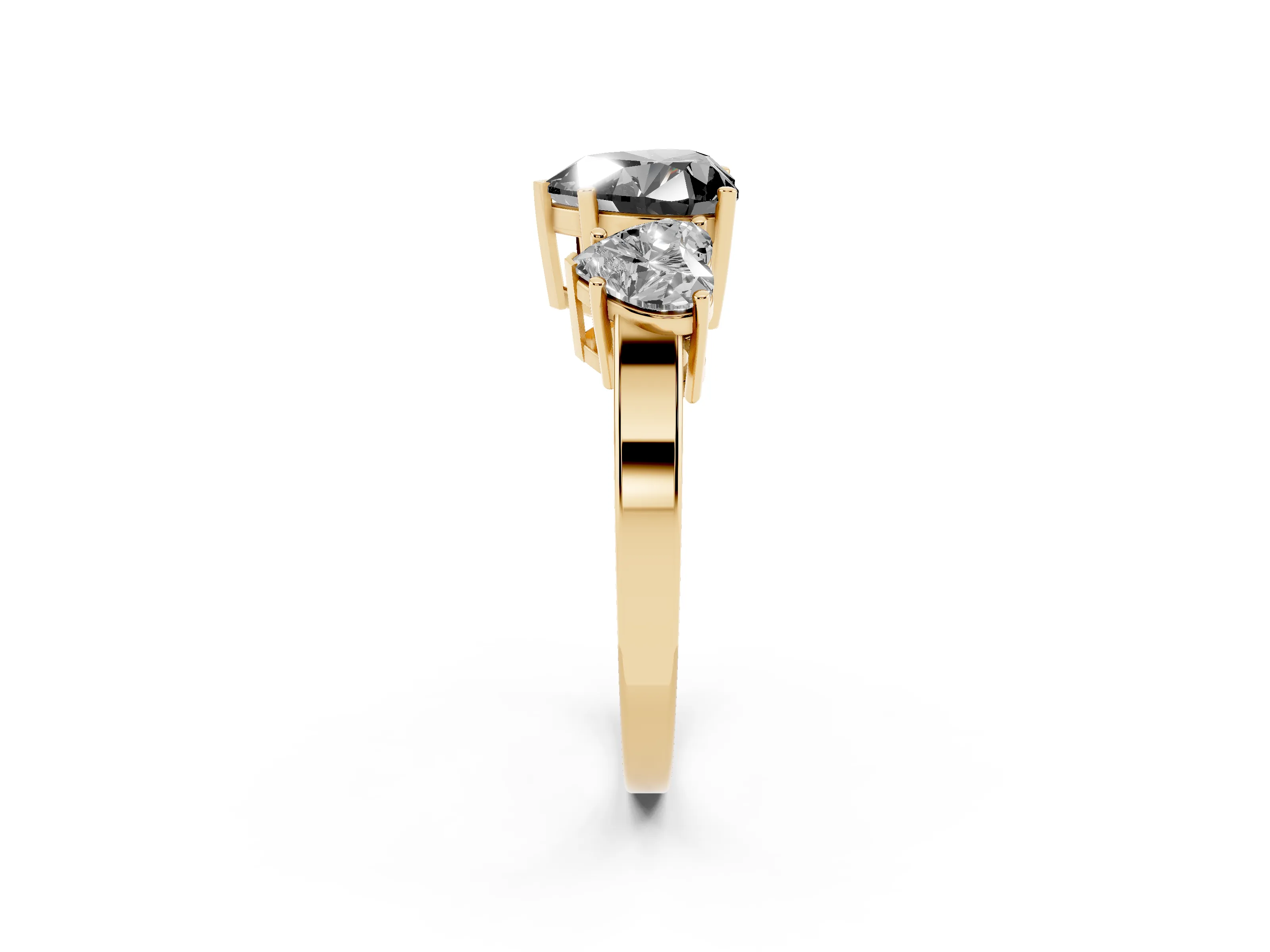Fancy Black Heart Cut Diamond Three-Stone Engagement Ring Set in Yellow gold with Flat Band