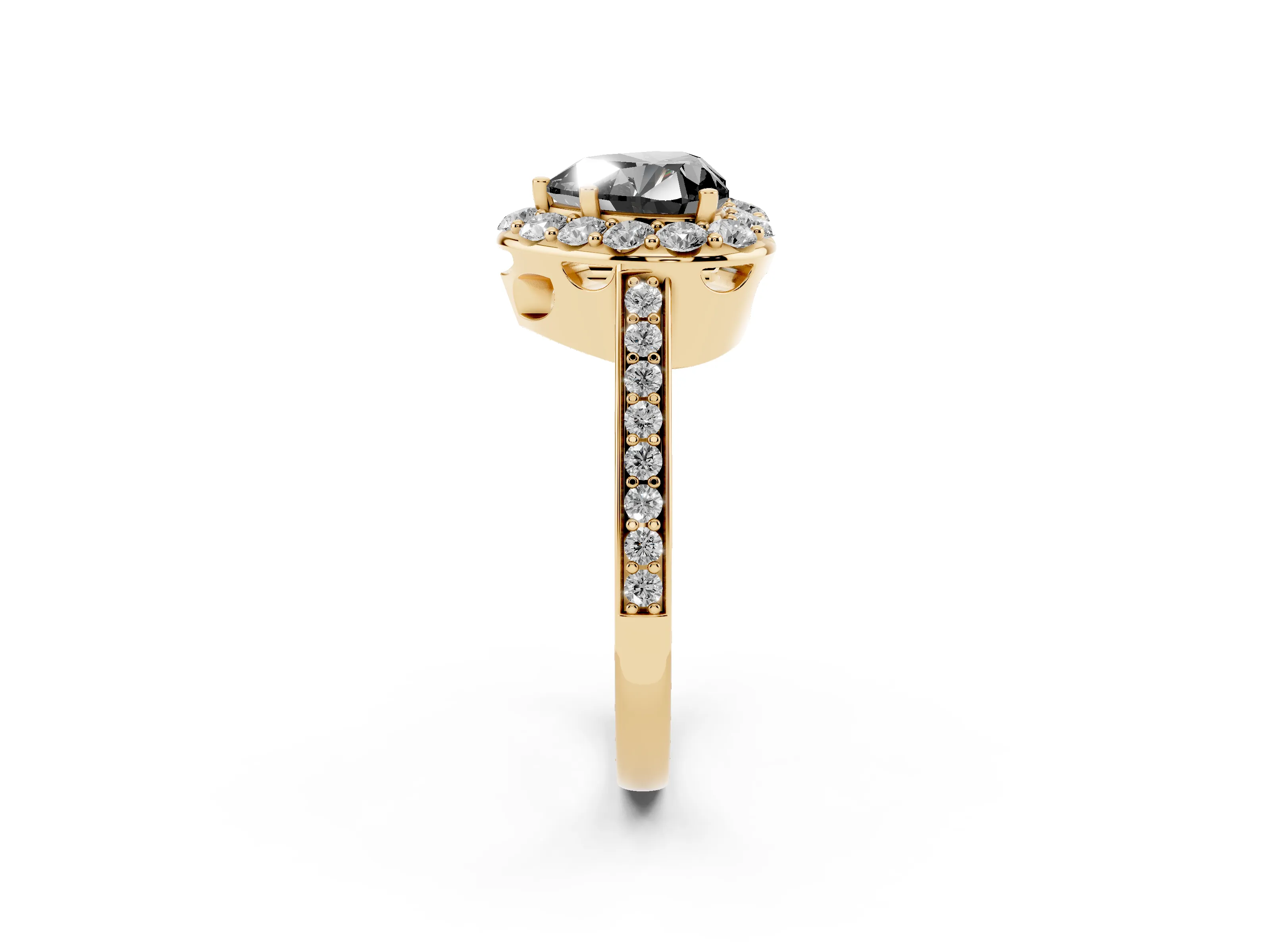 Fancy Black Heart Cut Diamond Floral Halo Ring Set in Yellow gold with Pavé Band and Prong Setting