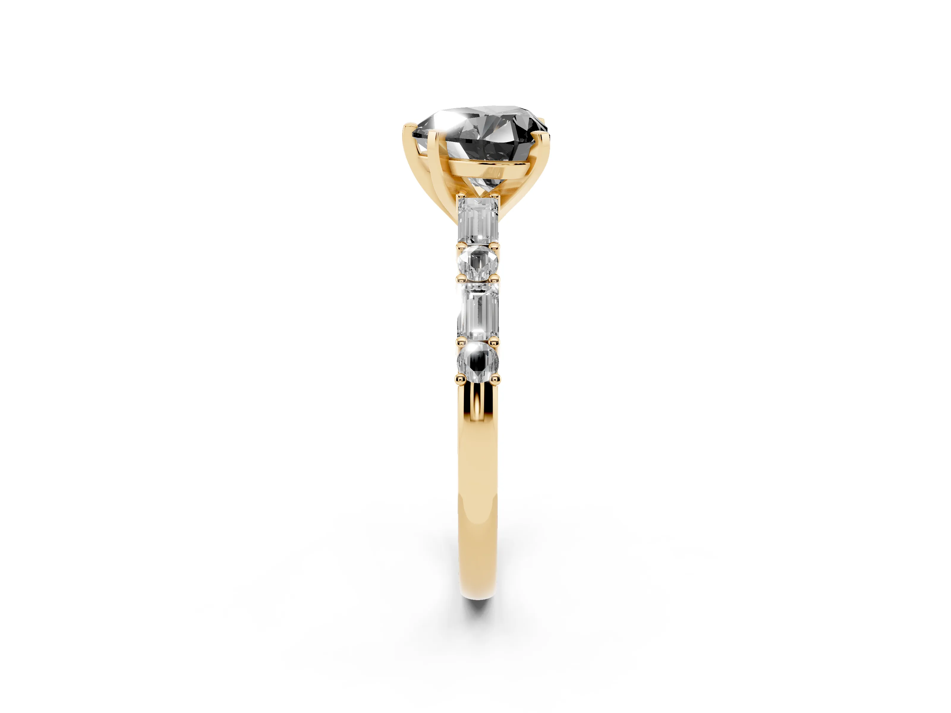 Fancy Black Heart Cut Diamond Solitaire Set in Yellow gold with Side Baguettes and Channel Set Band