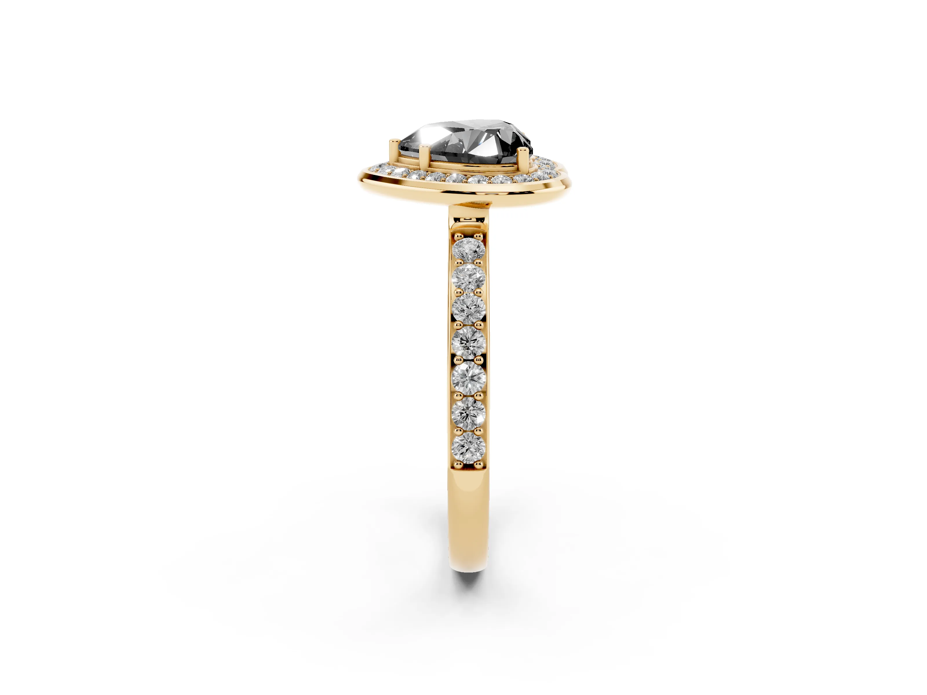 Fancy Black Heart Cut Diamond Halo Ring Set in Yellow gold with Bezel Frame and Pavé Band