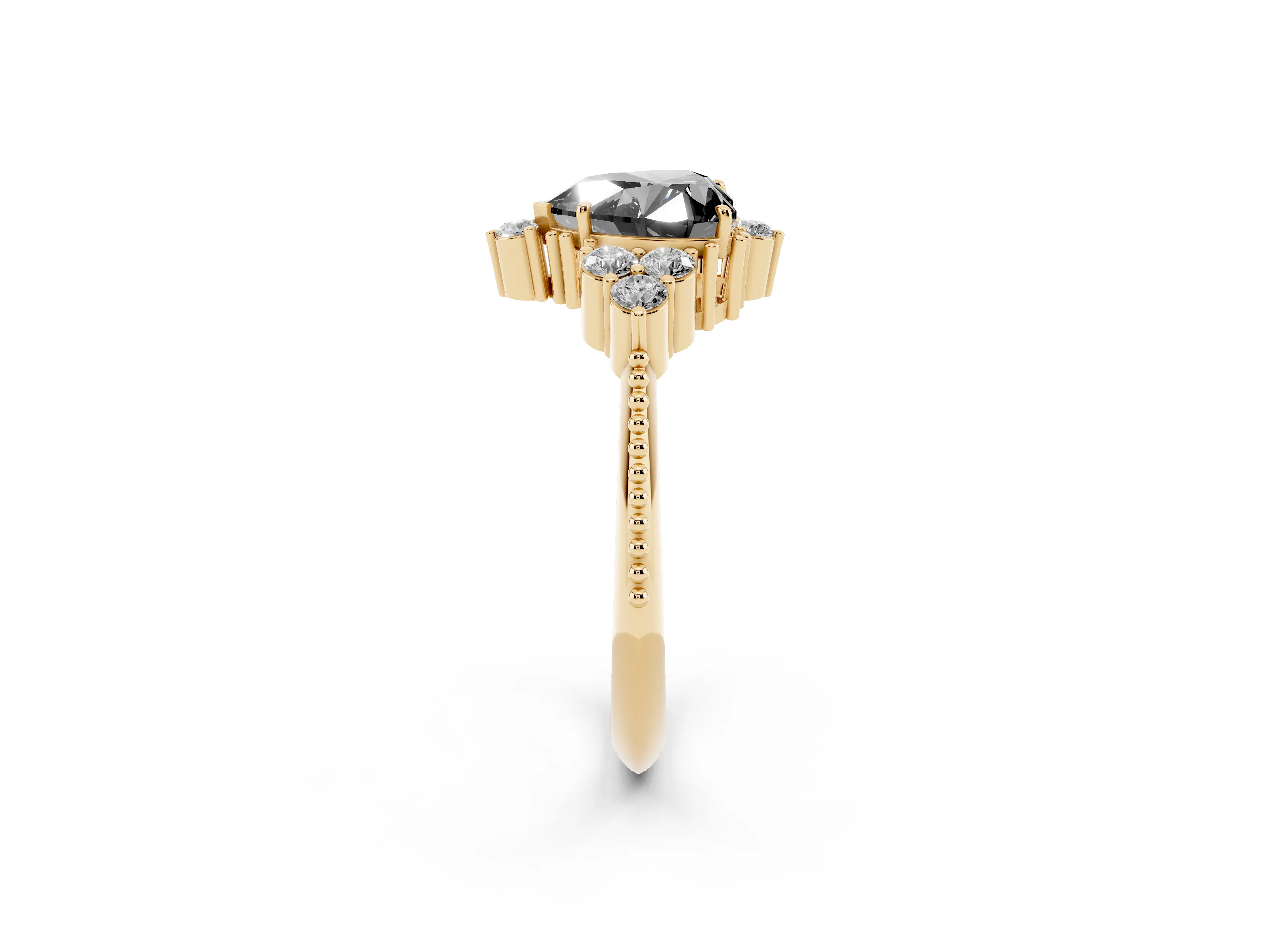 Fancy Black Heart Cut Diamond Cluster Ring Set in Yellow gold with Beaded Band