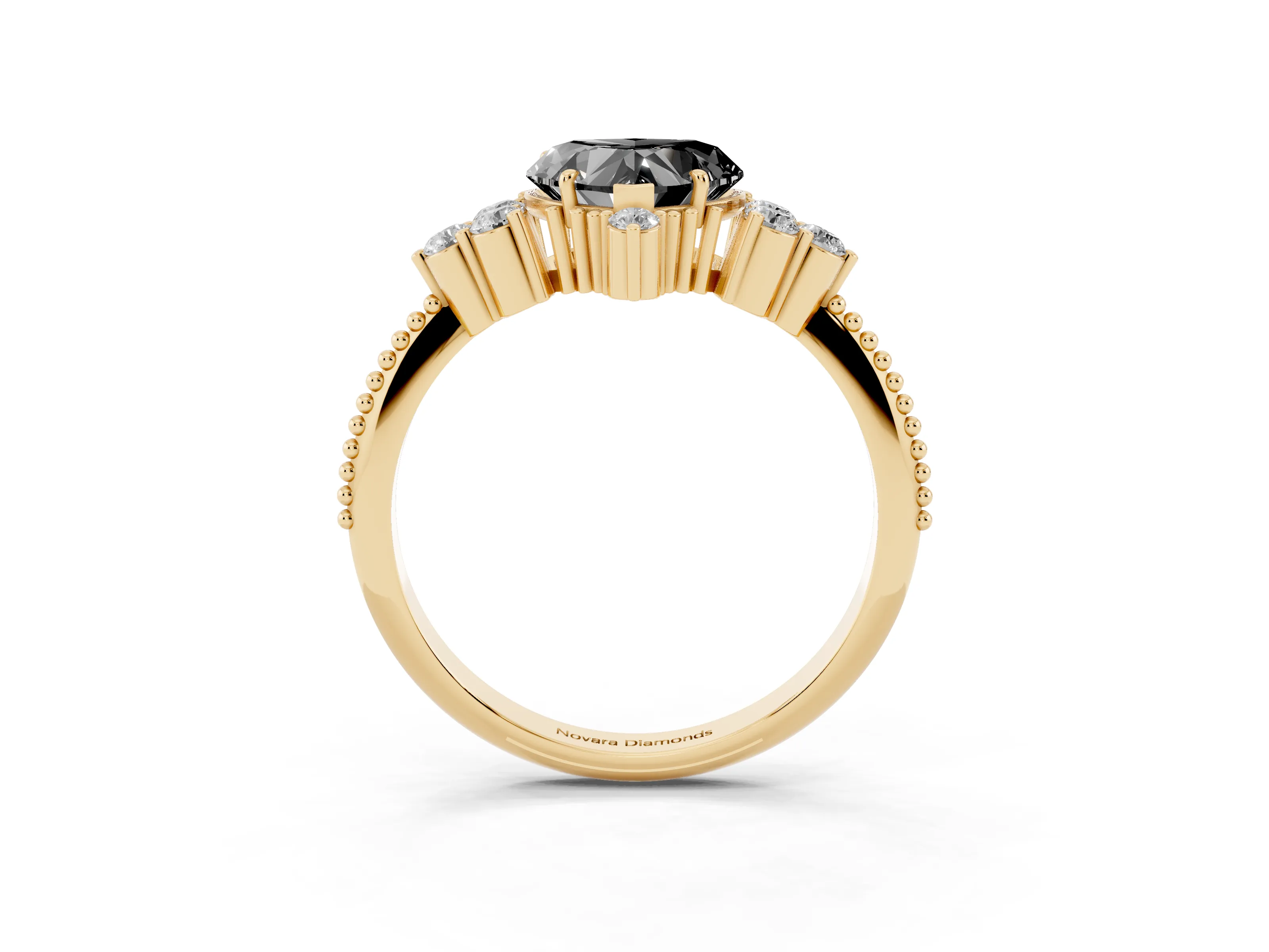 Fancy Black Heart Cut Diamond Cluster Ring Set in Yellow gold with Beaded Band