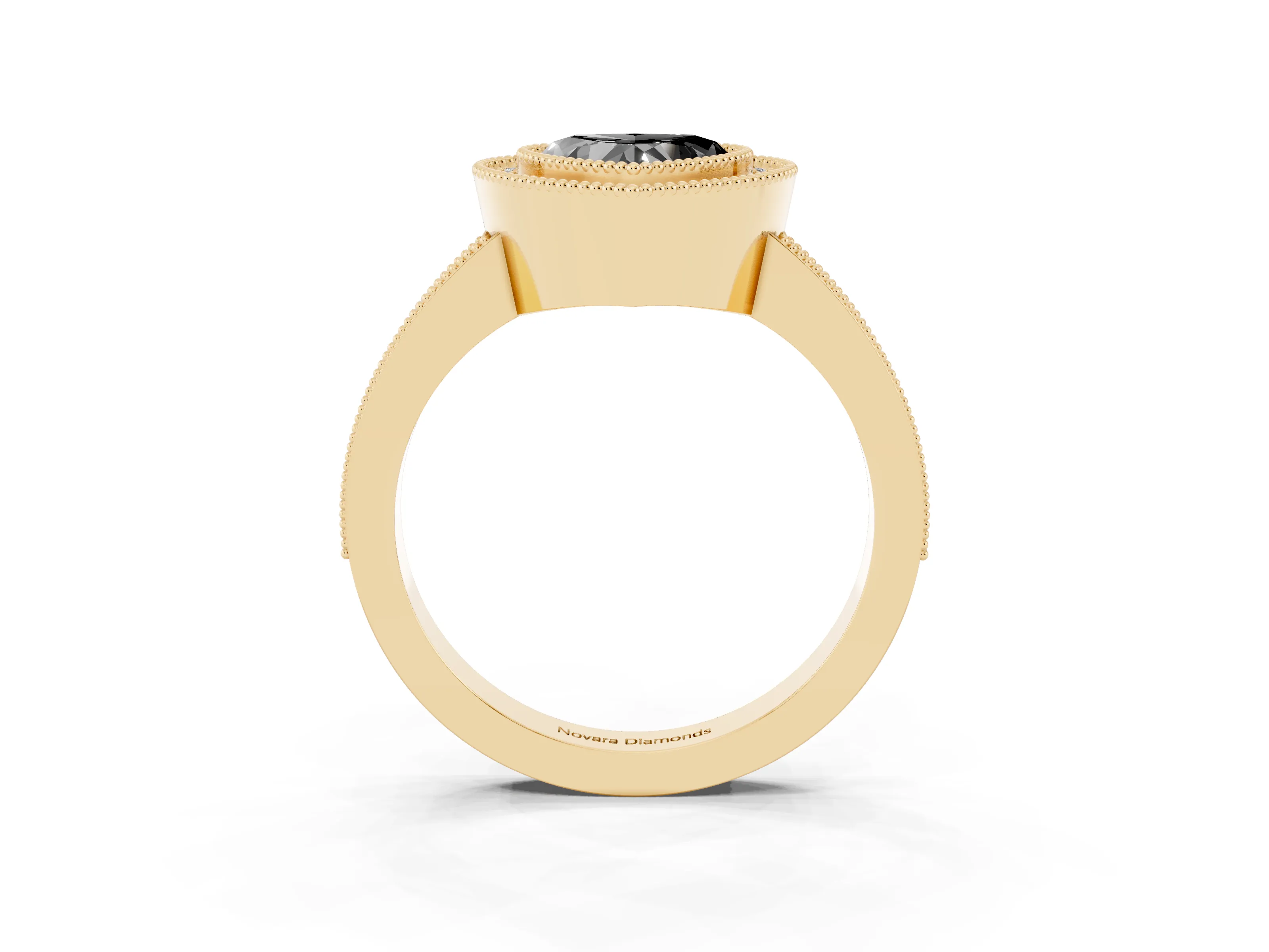 Fancy Black Heart Cut Diamond Halo Engagement Ring Set in Yellow gold with Pavé Band and Round Halo Stones