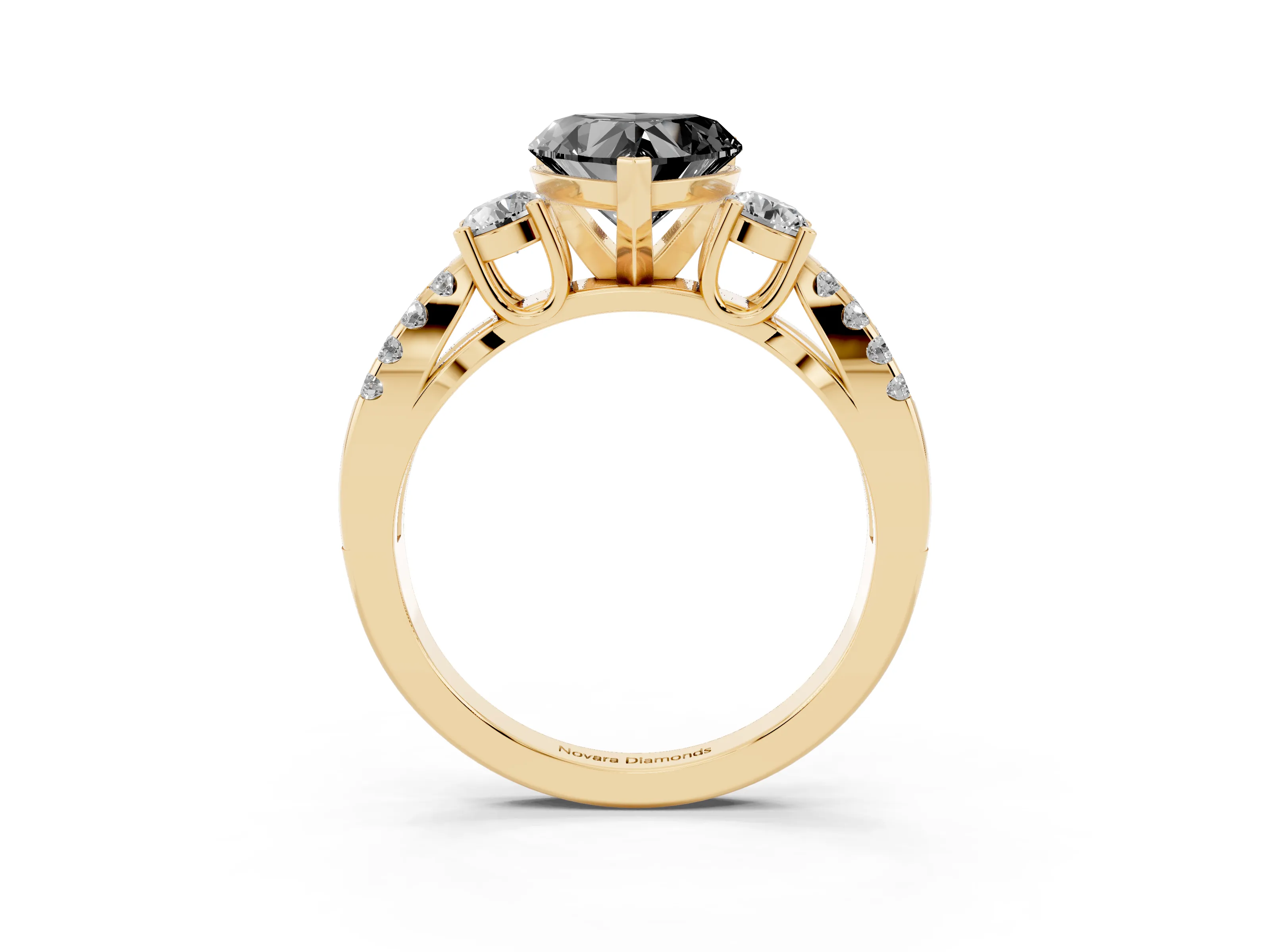 Fancy Black Heart Cut Diamond Three-Stone Ring Set in Yellow gold with Pavé Split Shank and Prong Setting