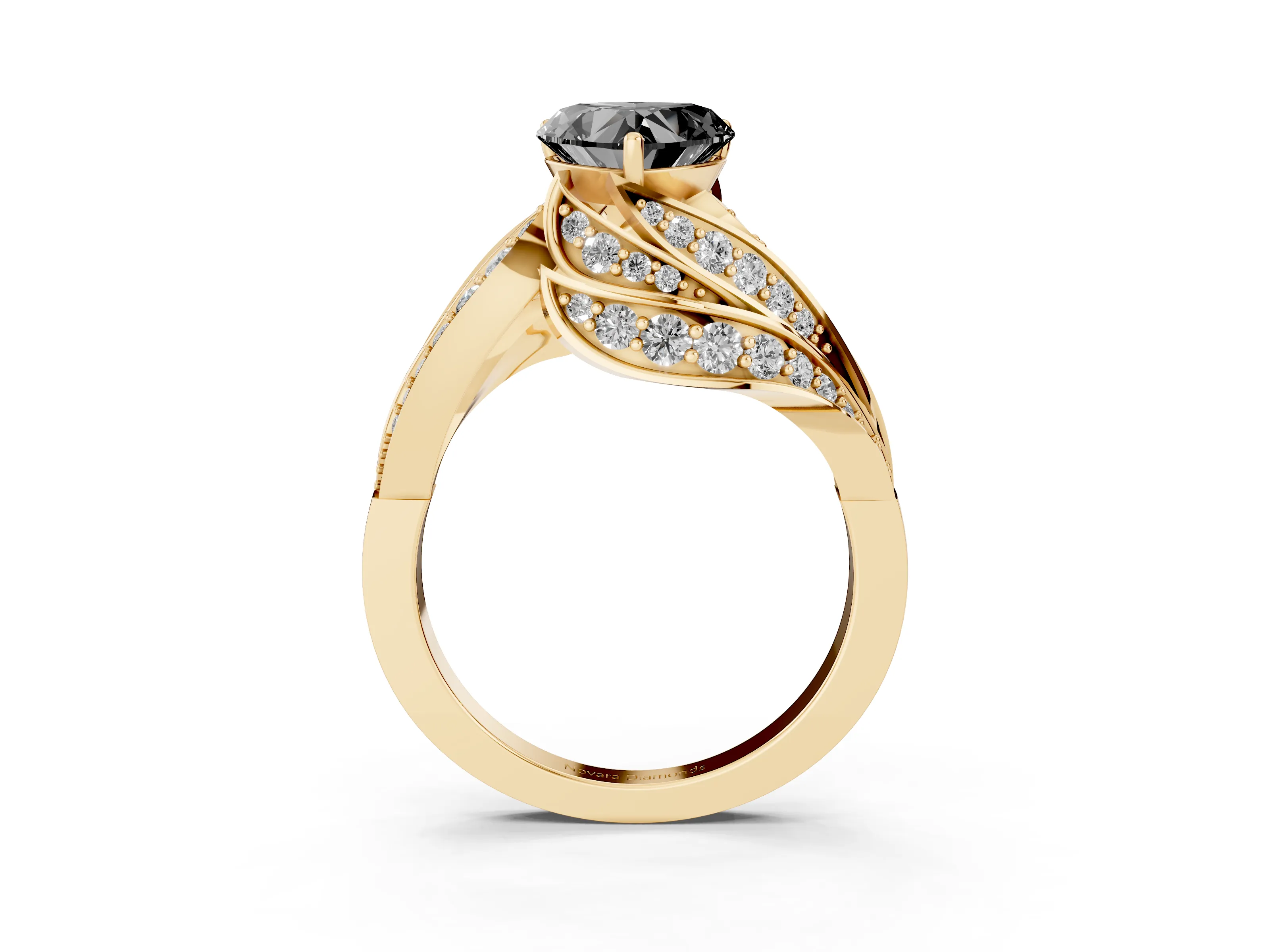 Fancy Black Heart Cut Diamond Solitaire Ring Set in Yellow gold with Layered Twist Pavé Band