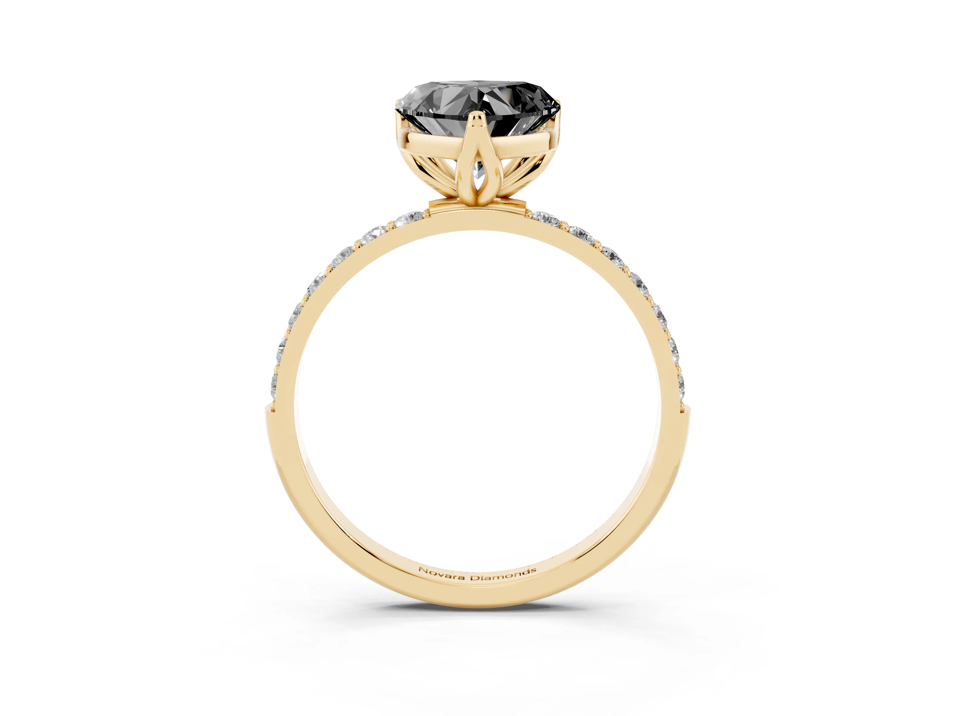 Fancy Black Heart Cut Diamond Solitaire Engagement Ring Set in Yellow gold with Round Pavé Band and Prong Setting