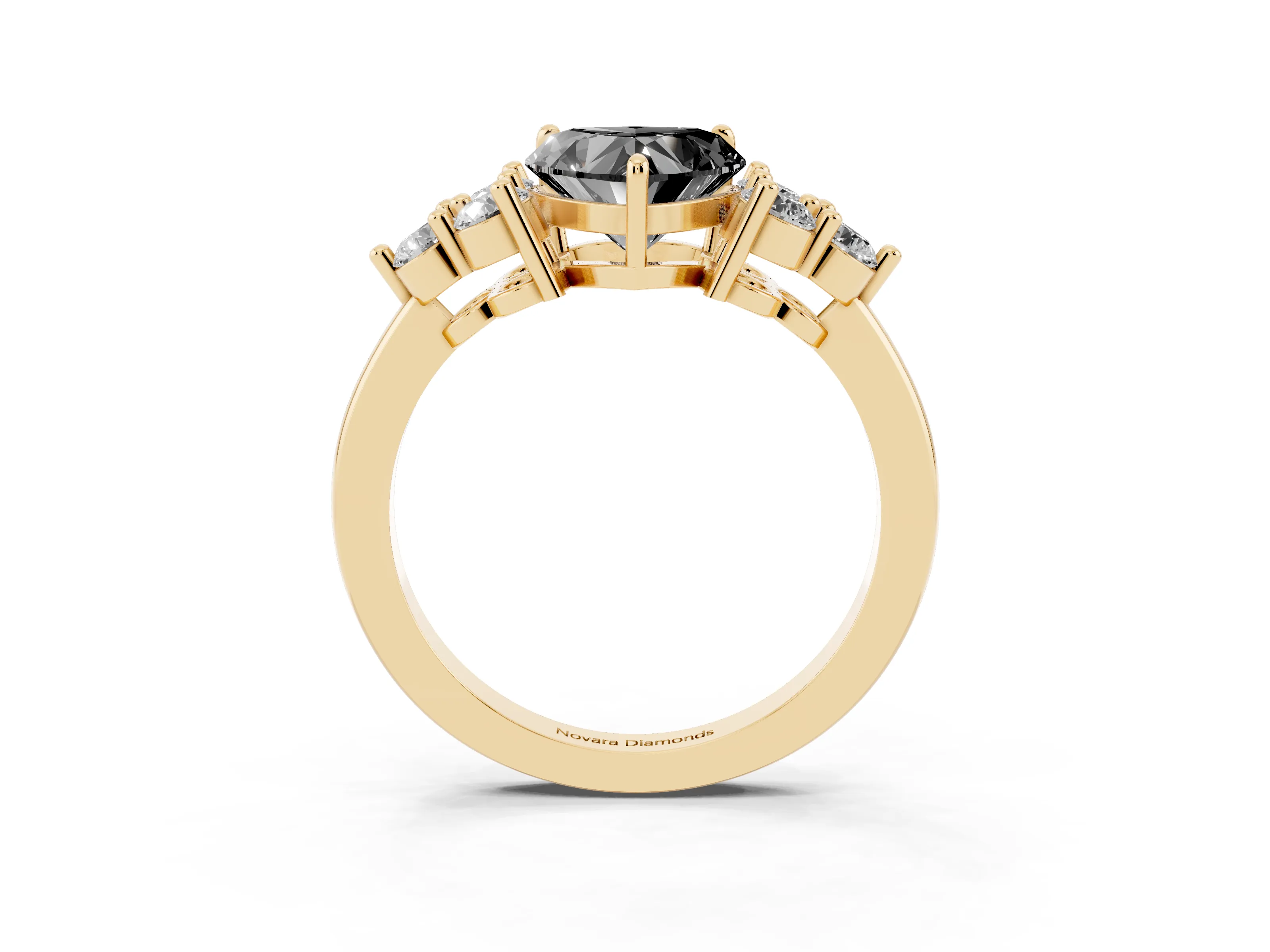 Fancy Black Heart Cut Diamond Solitaire Ring Set in Yellow gold with Cluster Accents on Each Side