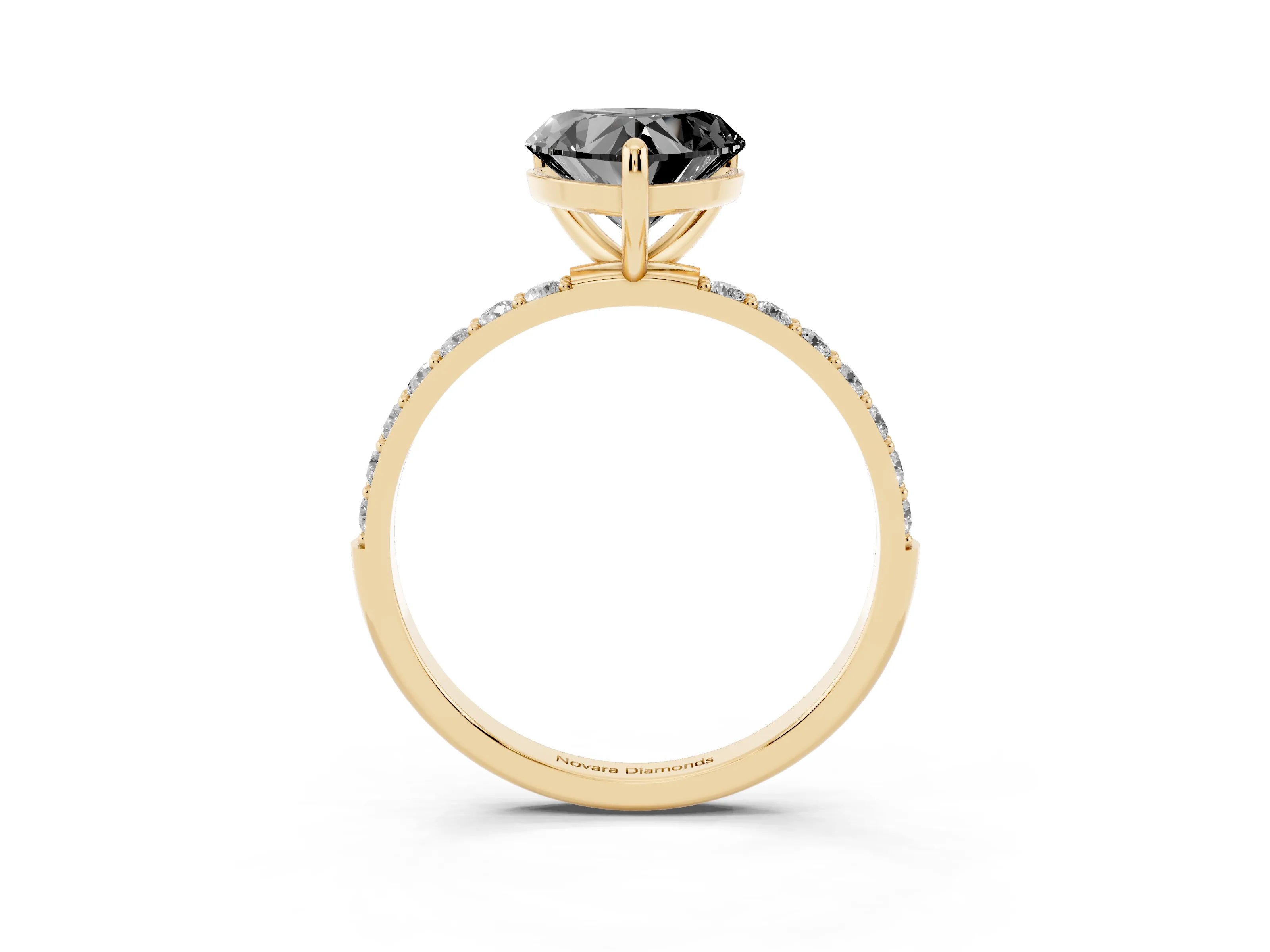 Fancy Black Heart Cut Diamond Solitaire Ring Set in Yellow gold with Round Pavé Band and Prong Setting