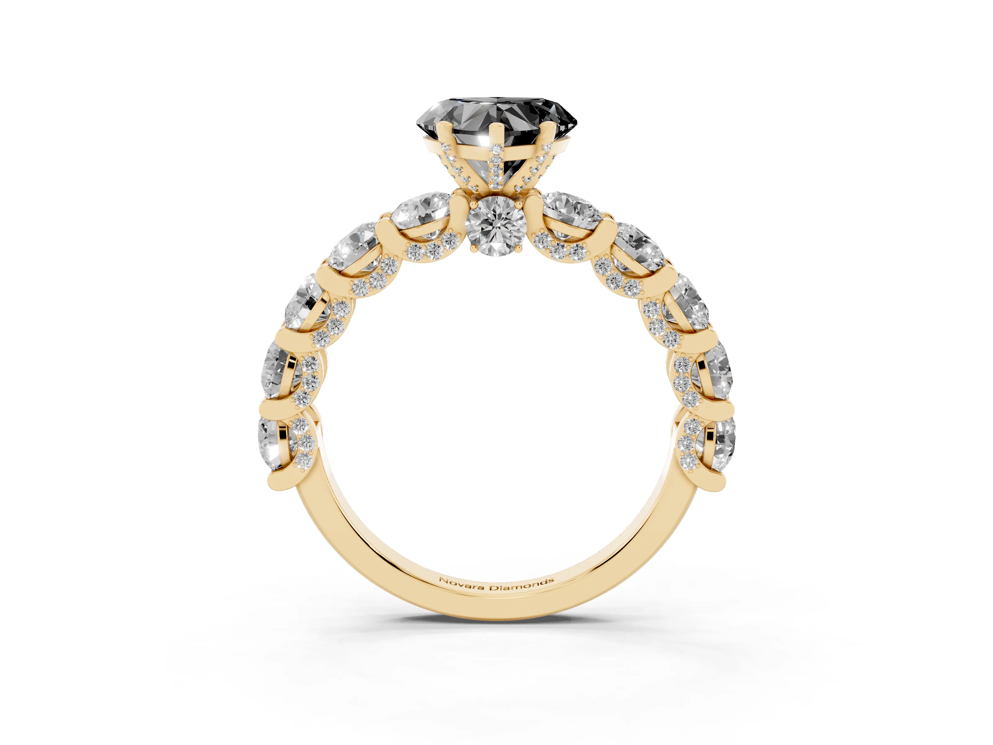 Fancy Black Heart Cut Diamond Side Stone Ring Set in Yellow gold with Alternating Round and Oval Side Stones