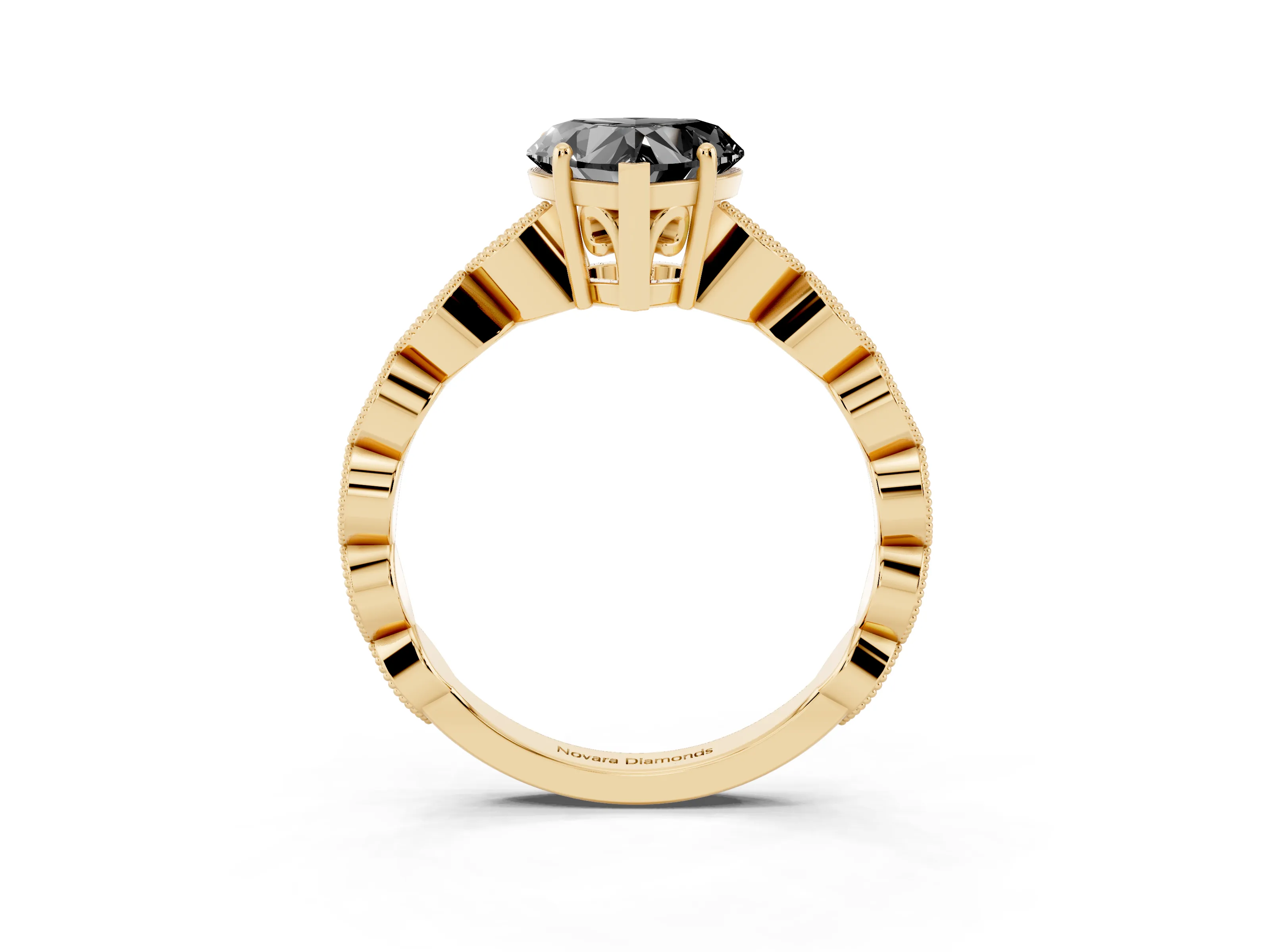 Fancy Black Heart Cut Diamond Solitaire Ring Set in Yellow gold with Infinity Twist Pavé Band