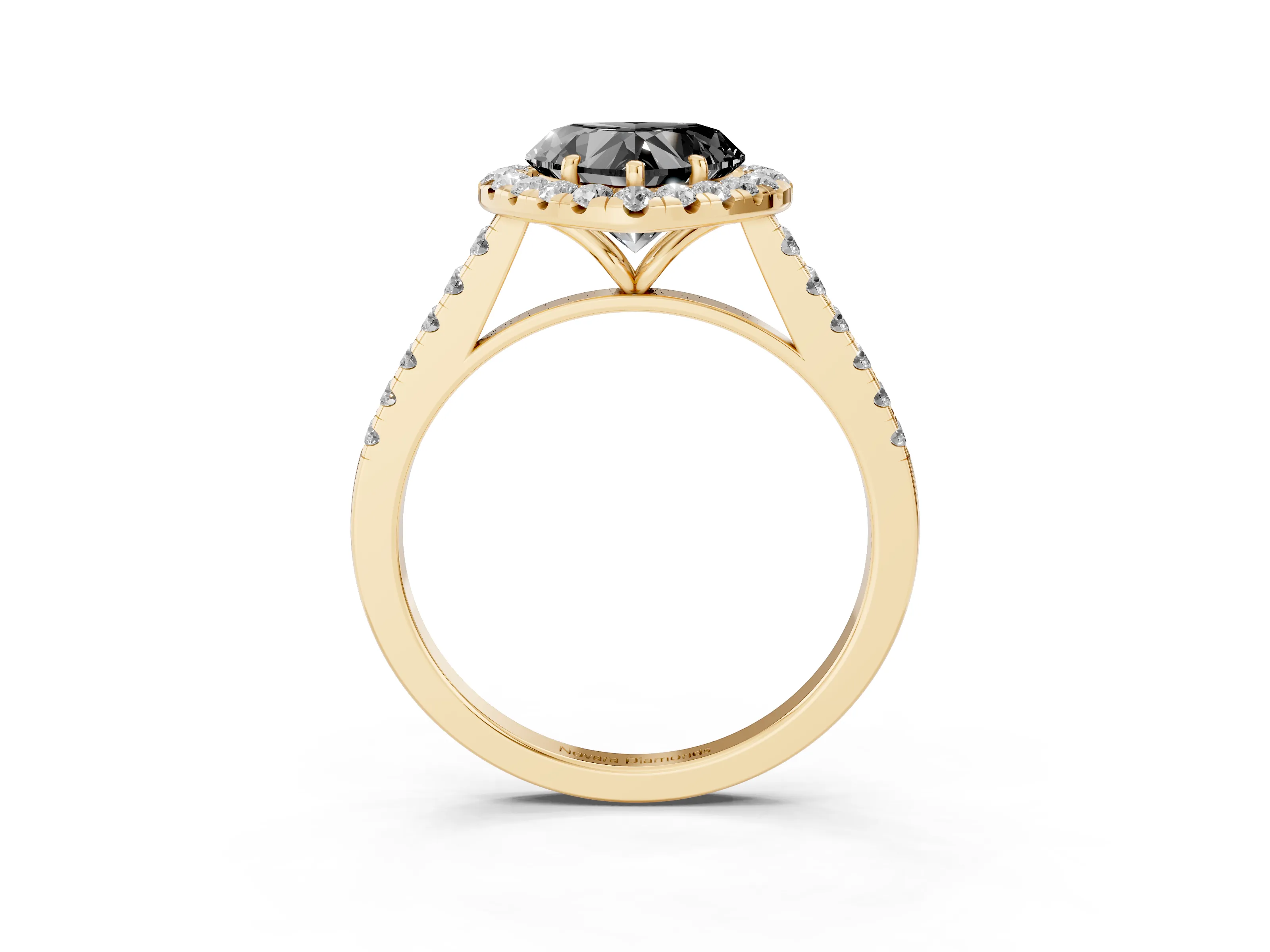 Fancy Black Heart Cut Diamond Halo Pavé Engagement Ring Set in Yellow gold with Prong Setting