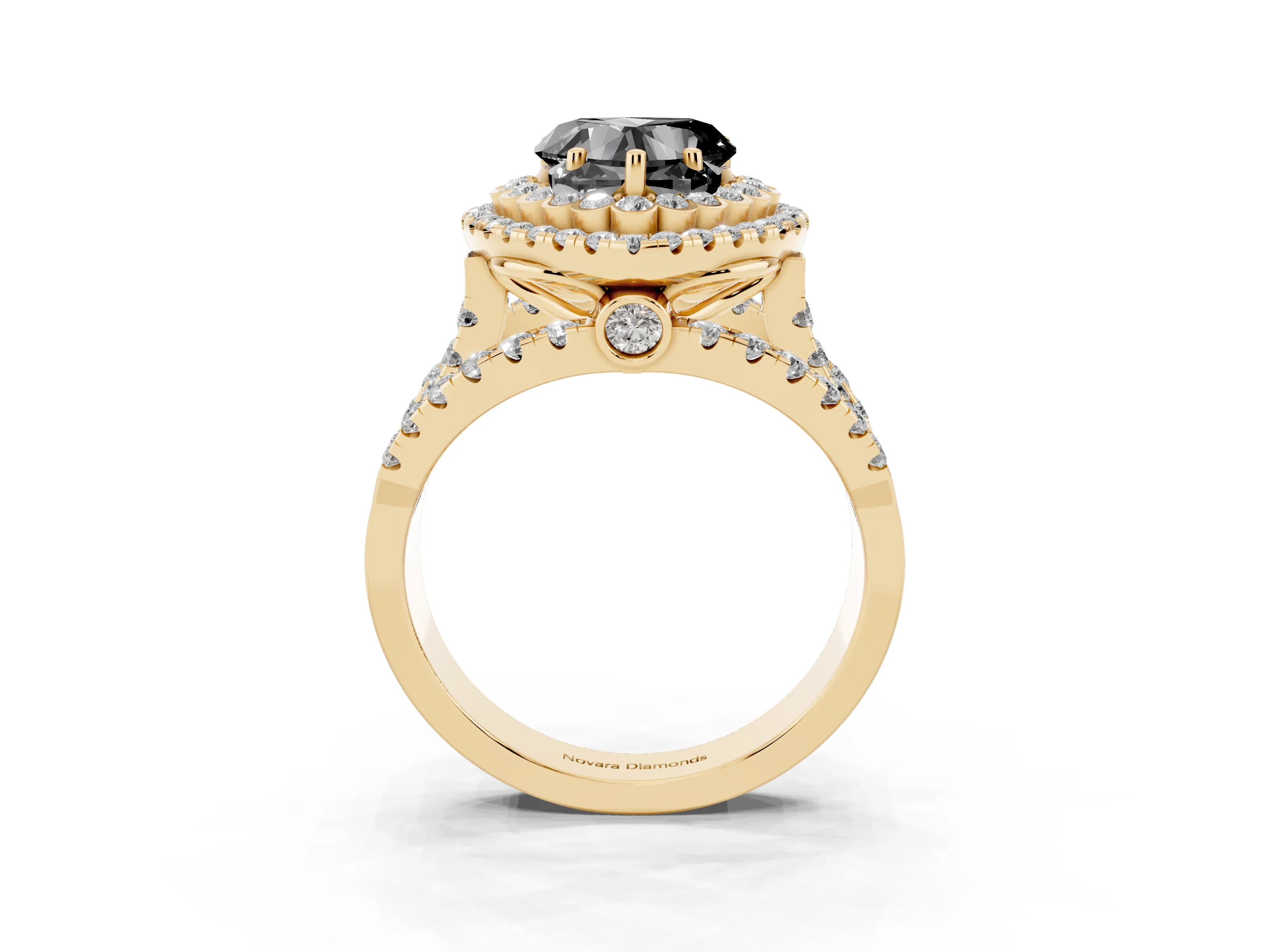Fancy Black Heart Cut Diamond Double Halo Ring Set in Yellow gold with Round Pavé Split Shank