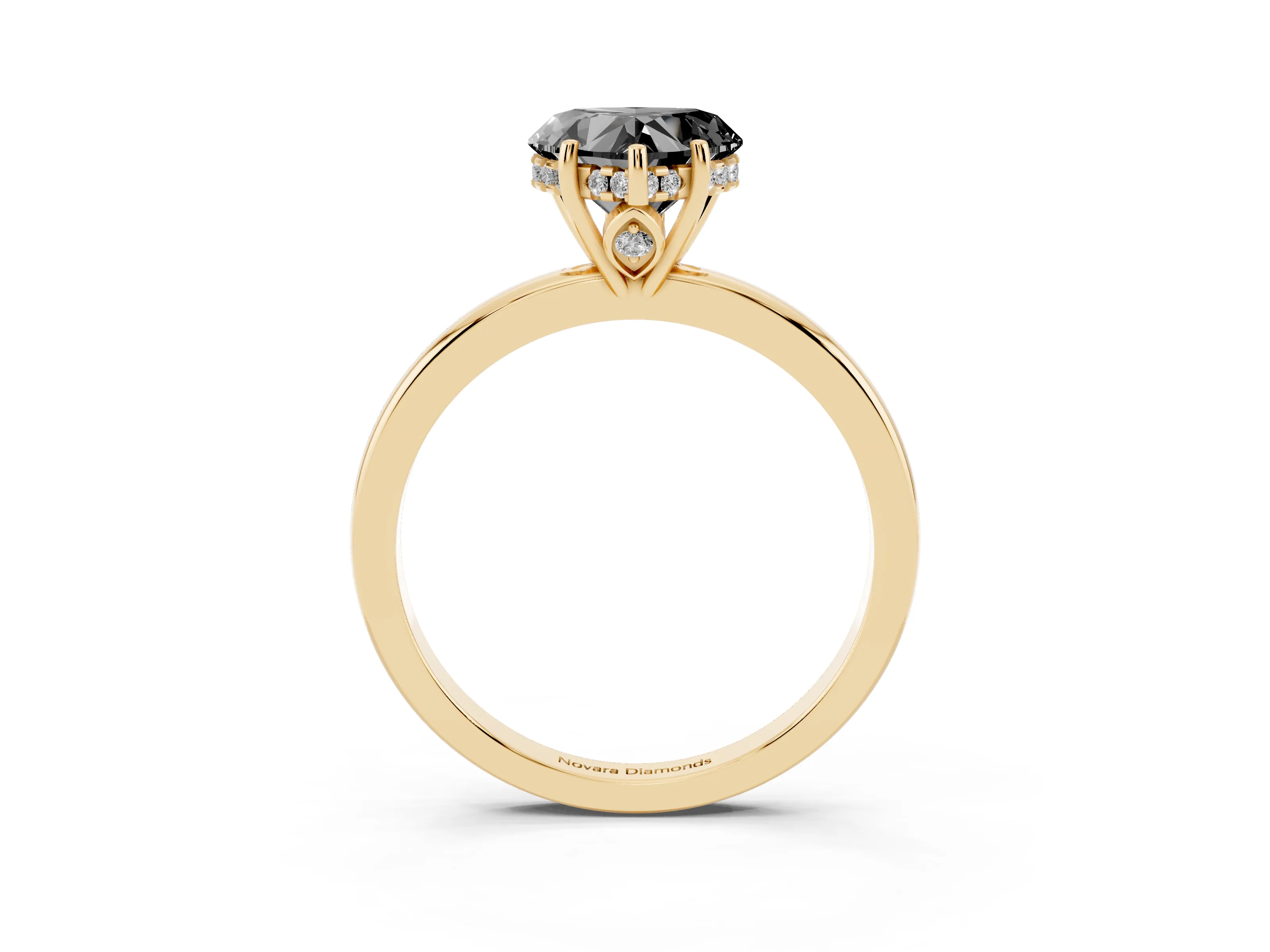 Fancy Black Heart Cut Diamond Solitaire Ring Set in Yellow gold with Plain Band and Prong Setting