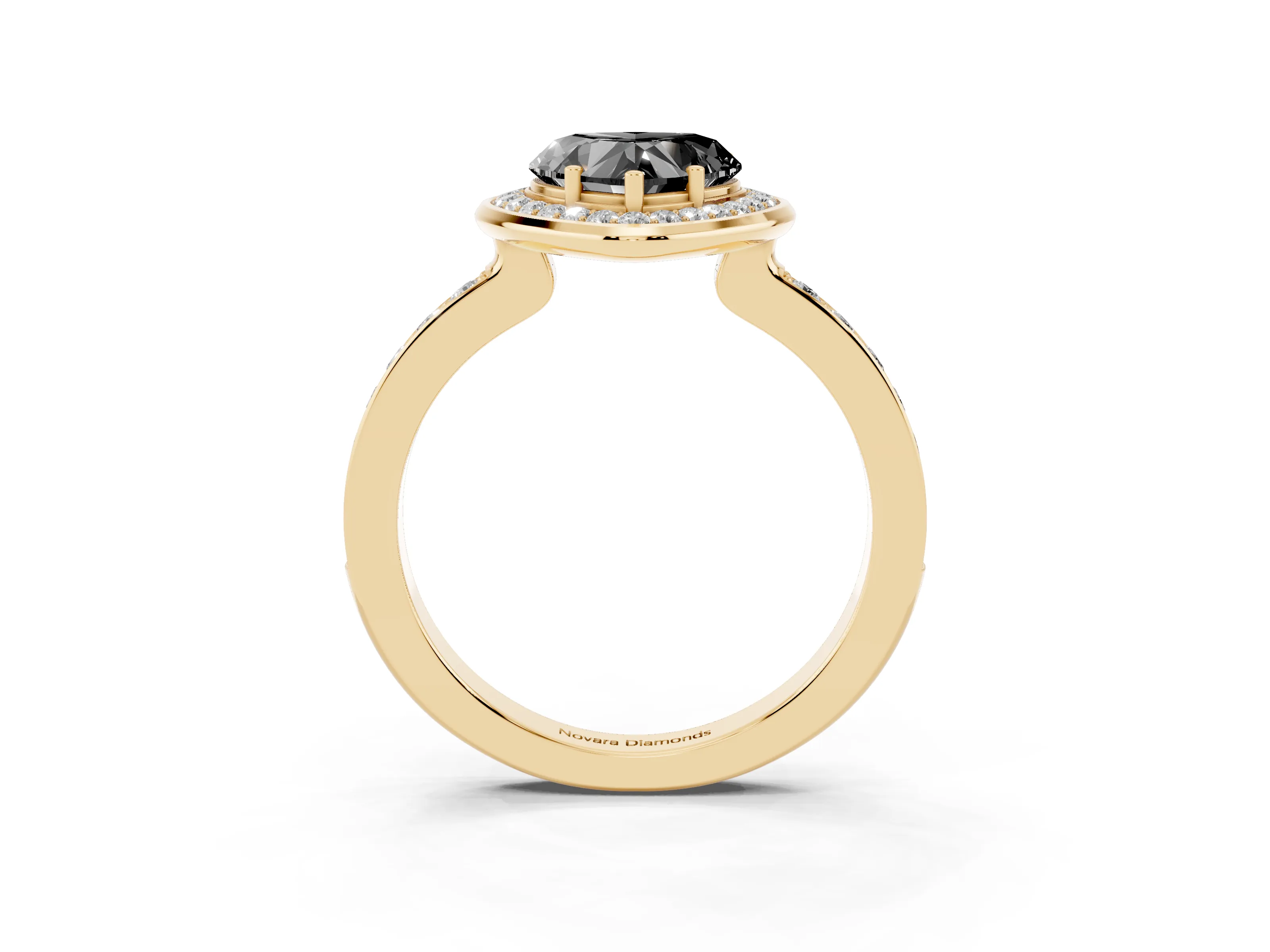 Fancy Black Heart Cut Diamond Halo Ring Set in Yellow gold with Bezel Frame and Pavé Band