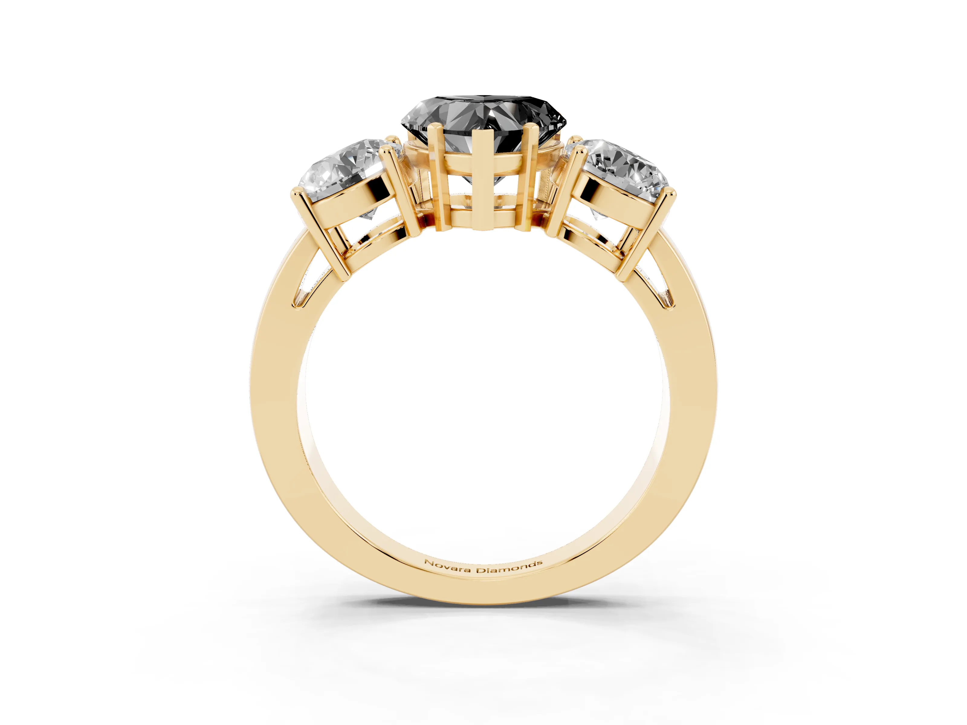 Fancy Black Heart Cut Diamond Three-Stone Ring Set in Yellow gold with Round Side Stones and Classic Band