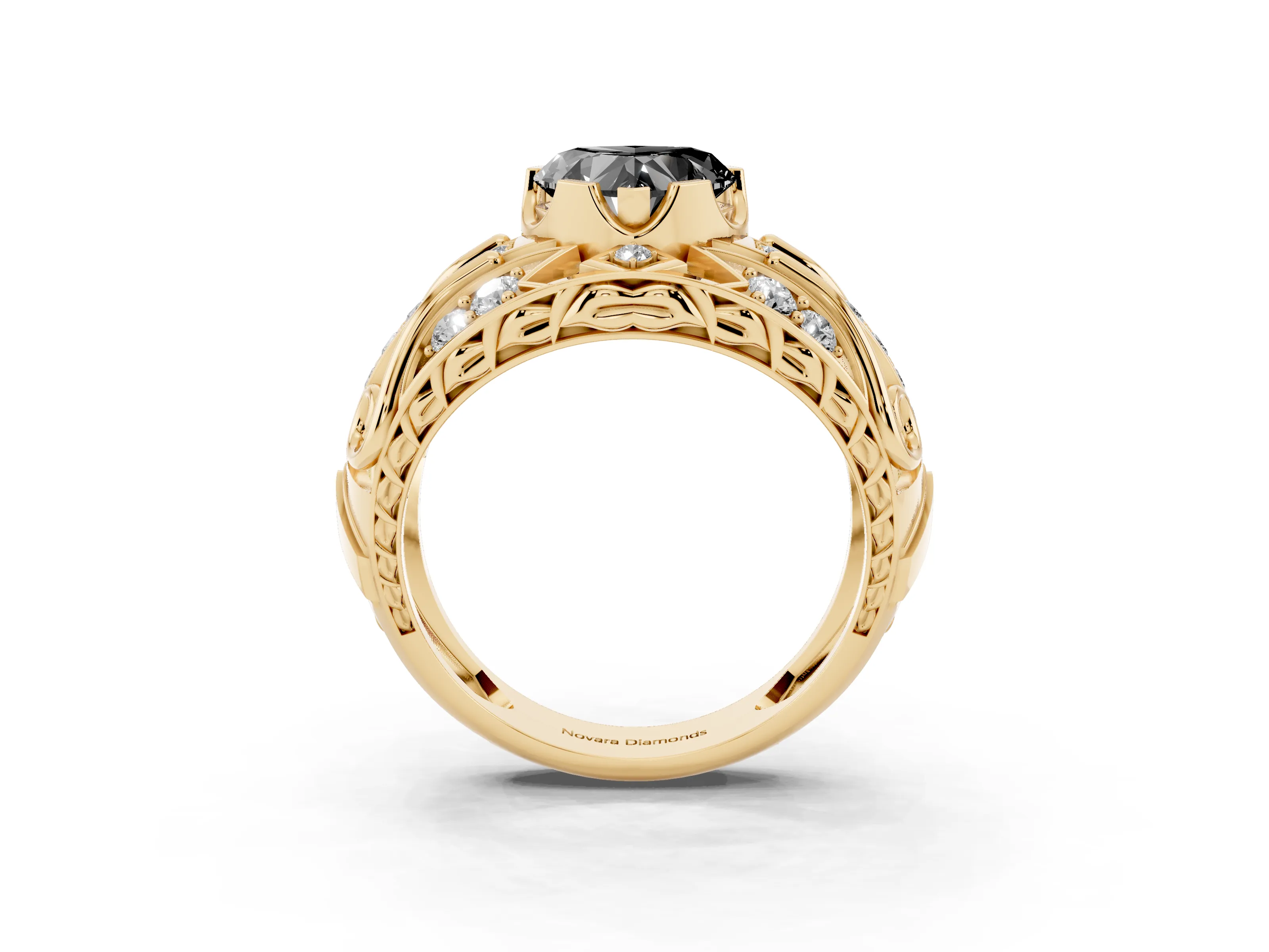 Fancy Black Heart Cut Diamond Art Deco Ring Set in Yellow gold with Pavé Split Shank