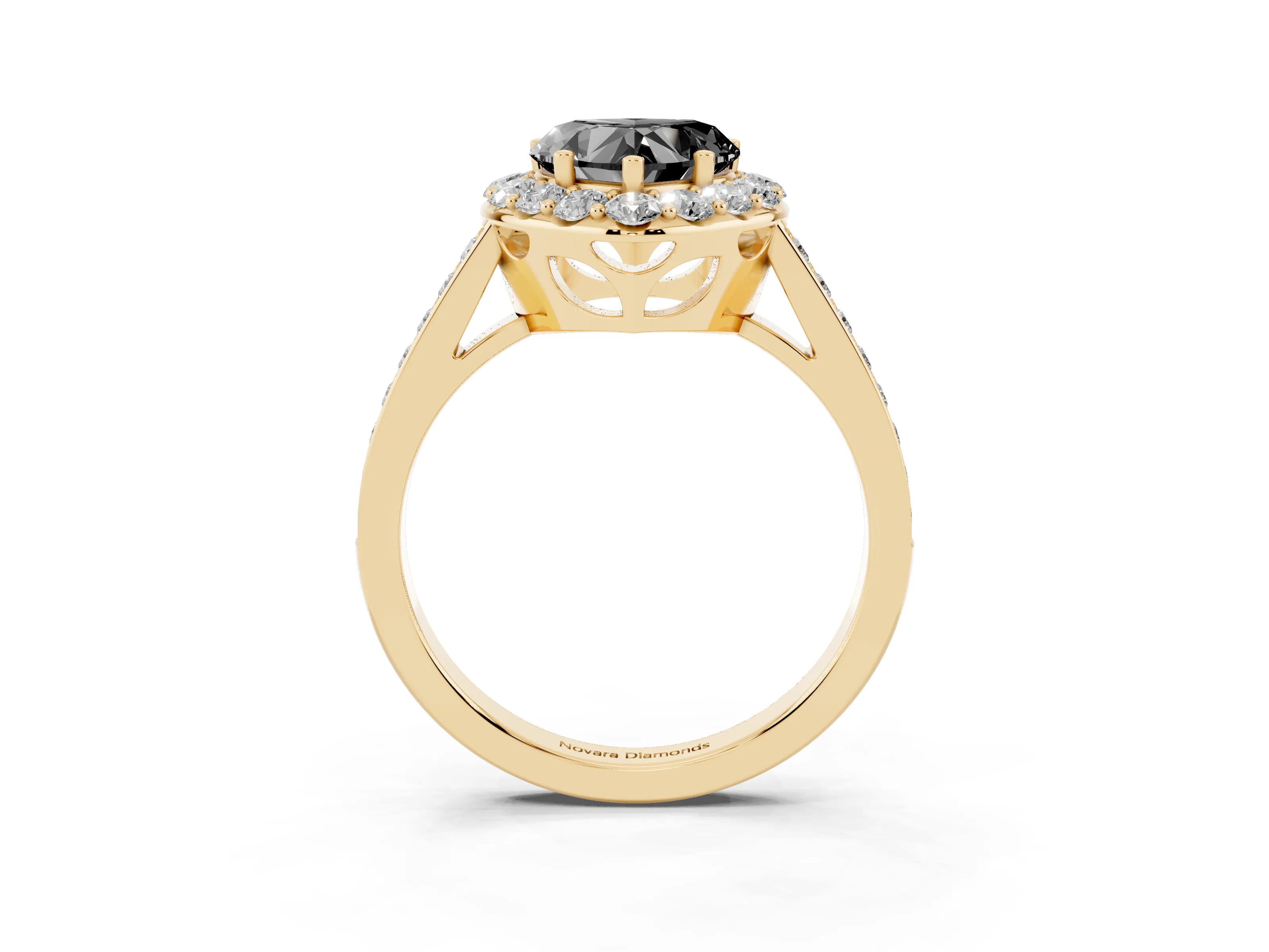 Fancy Black Heart Cut Diamond Floral Halo Ring Set in Yellow gold with Pavé Band and Prong Setting