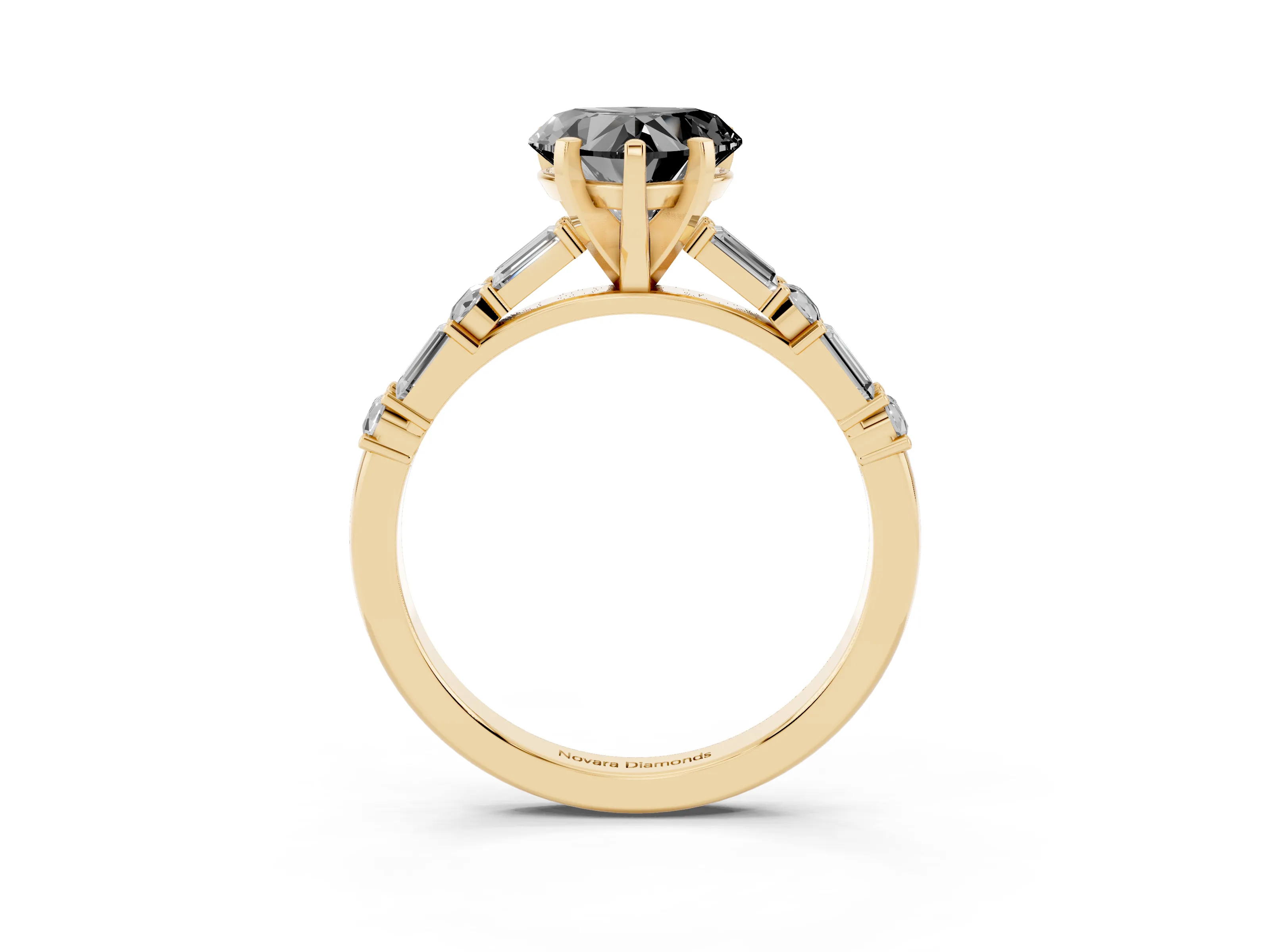 Fancy Black Heart Cut Diamond Solitaire Set in Yellow gold with Side Baguettes and Channel Set Band
