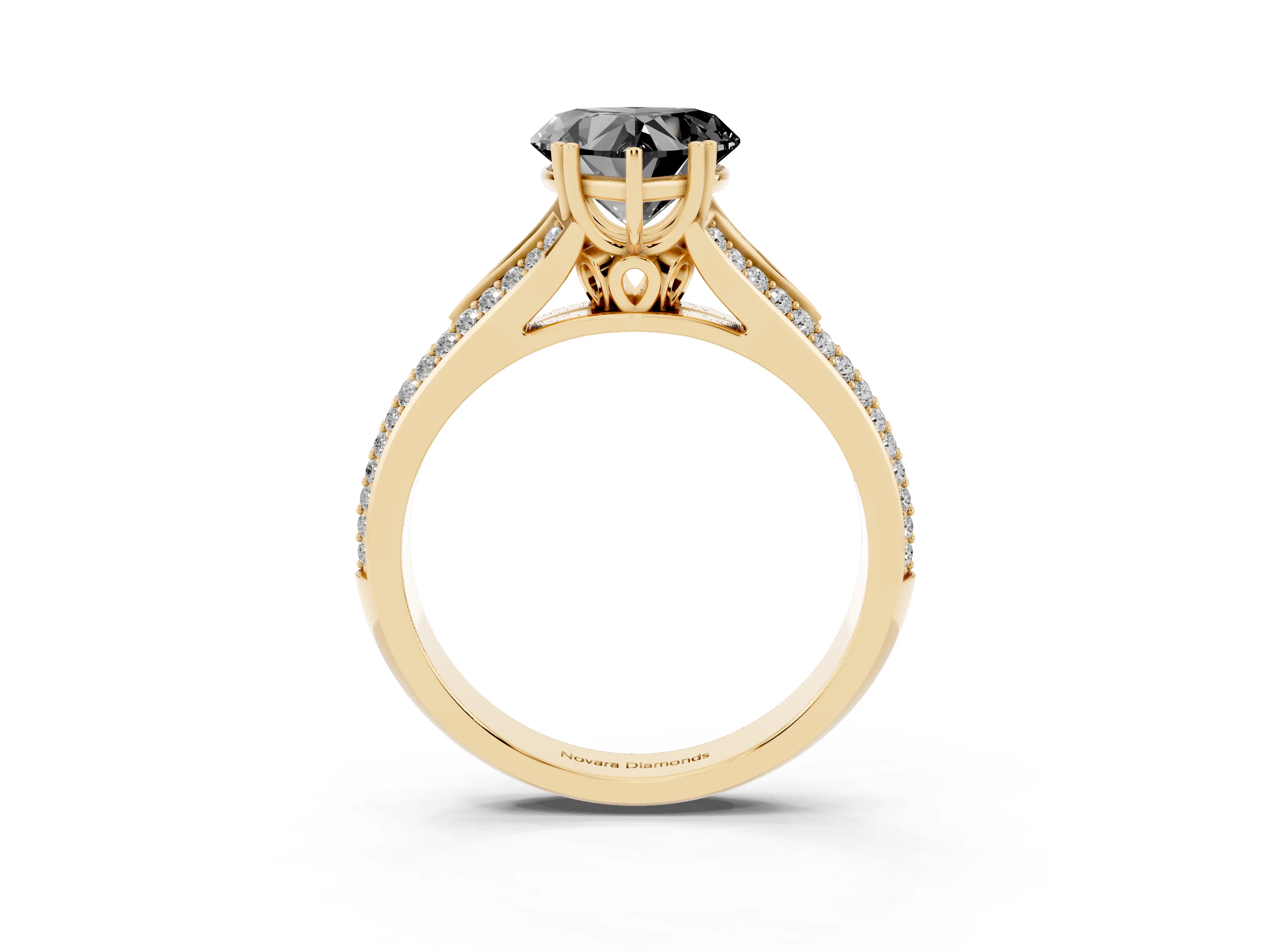 Fancy Black Heart Cut Diamond Split Shank Pavé Engagement Ring Set in Yellow gold with Prong-Set Center Stone