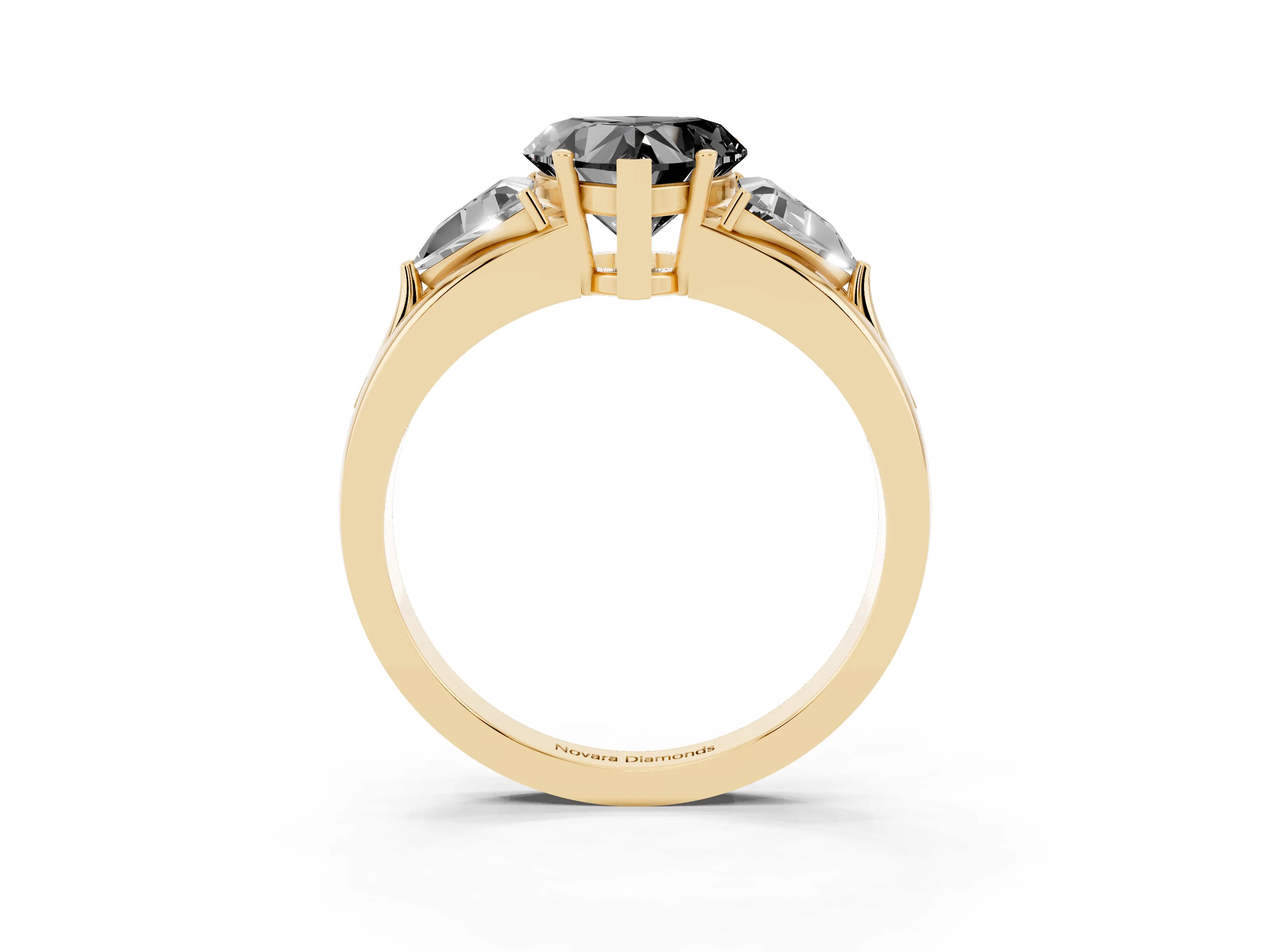 Fancy Black Heart Cut Diamond Three-Stone Ring Set in Yellow gold with Trillion Side Stones and Split Shank
