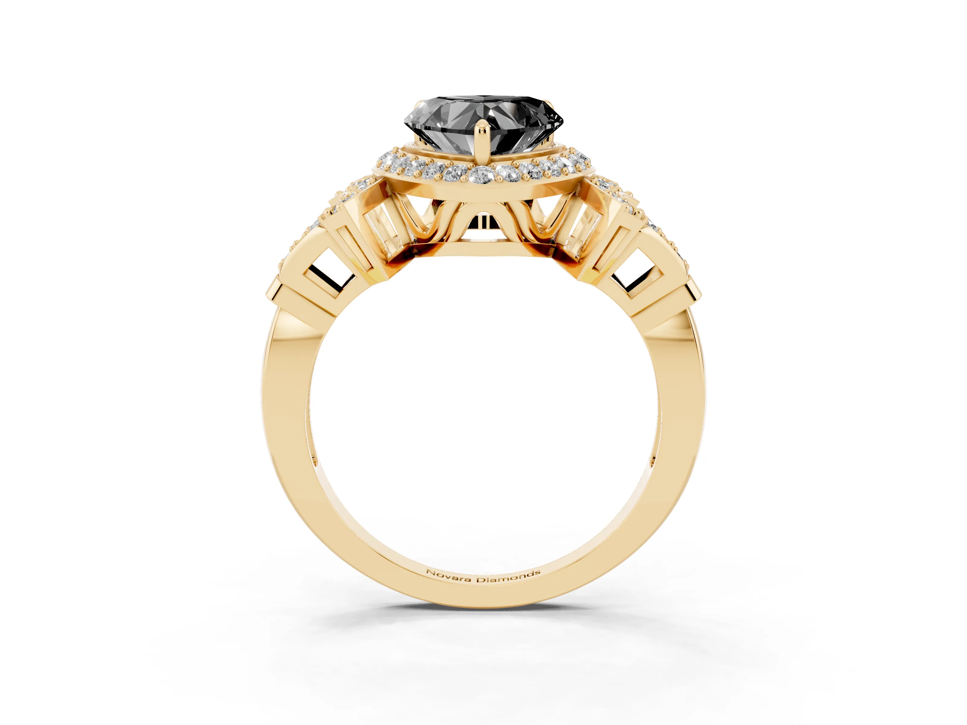 Fancy Black Heart Cut Diamond Halo Engagement Ring Set in Yellow gold with Accent Stone Split Shank