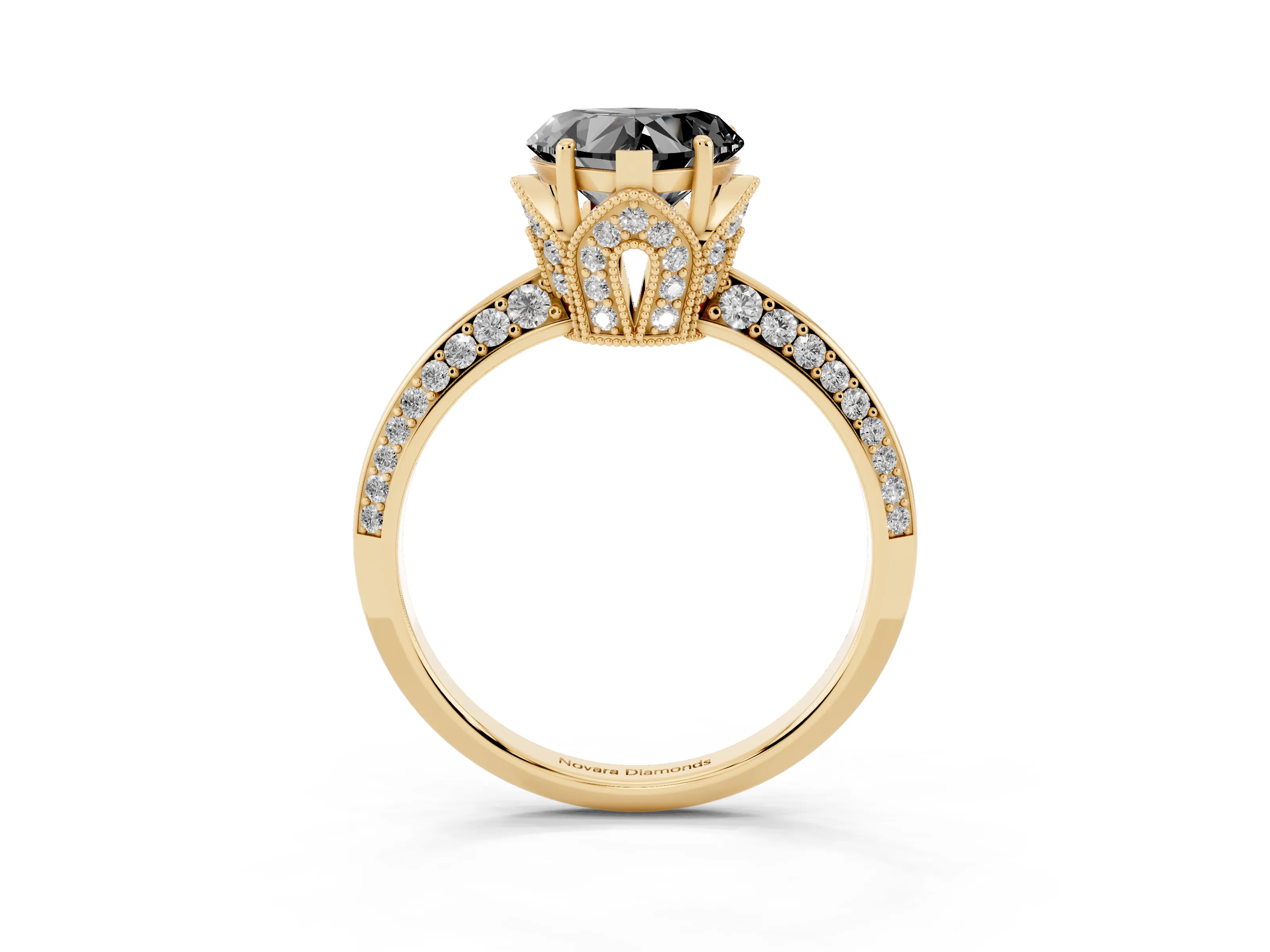 Fancy Black Heart Cut Diamond Solitaire Engagement Ring Set in Yellow gold with Pavé Split Shank and Prong Setting
