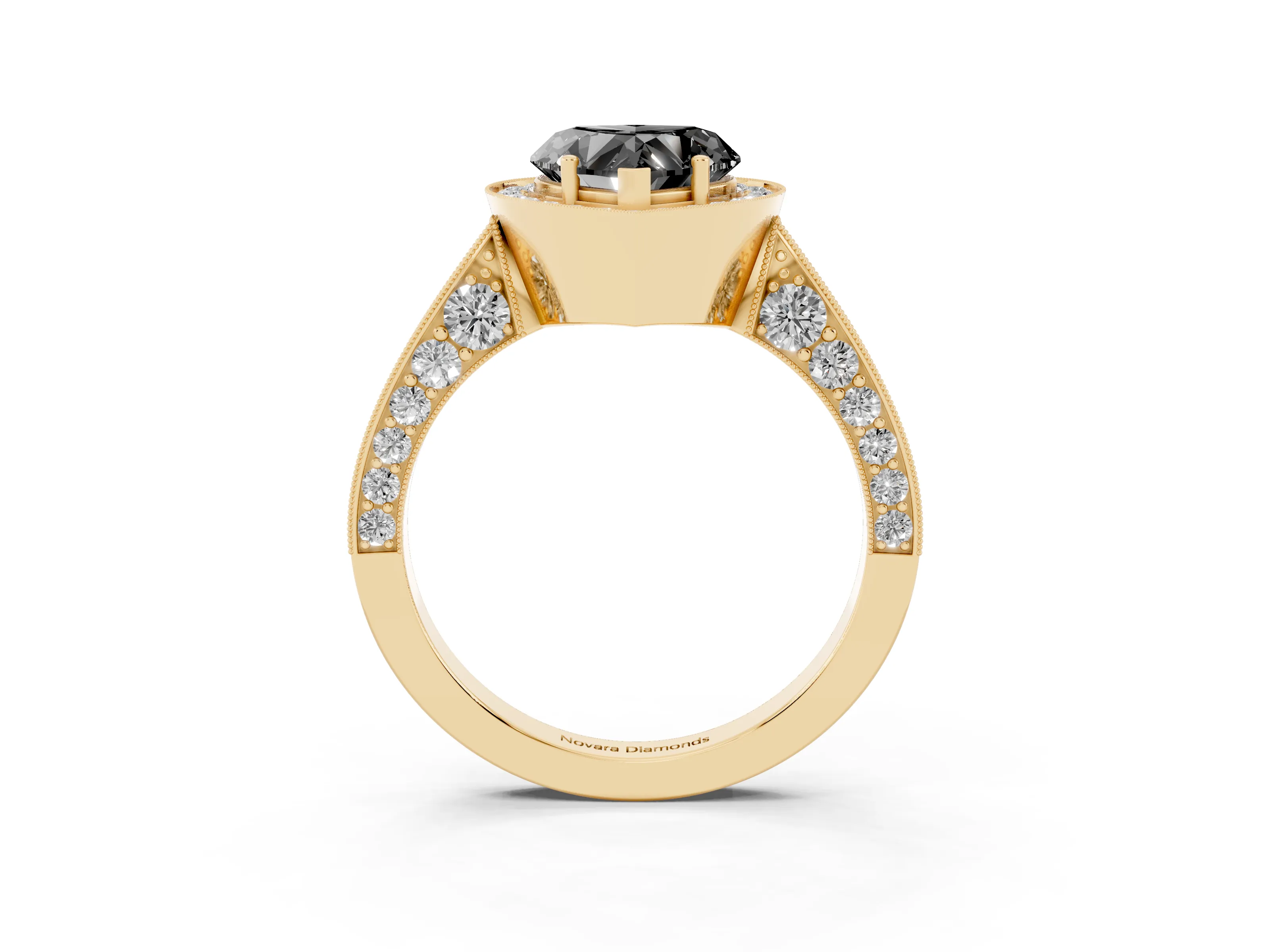 Fancy Black Heart Cut Diamond Halo Engagement Ring Set in Yellow gold with Accent Split Shank Band