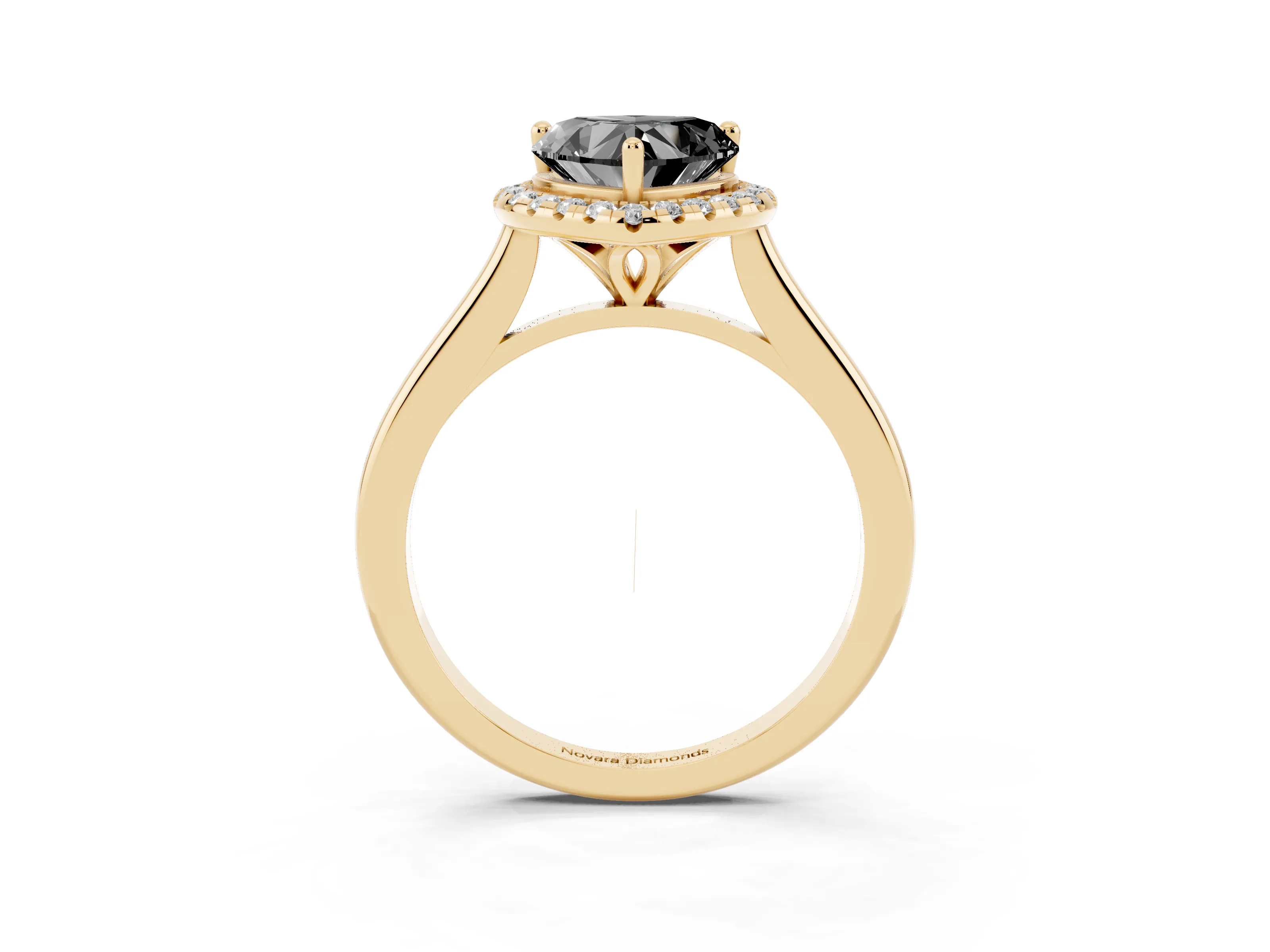 Fancy Black Heart Cut Diamond Halo Engagement Ring Set in Yellow gold with Pavé Band and Rising Shoulders