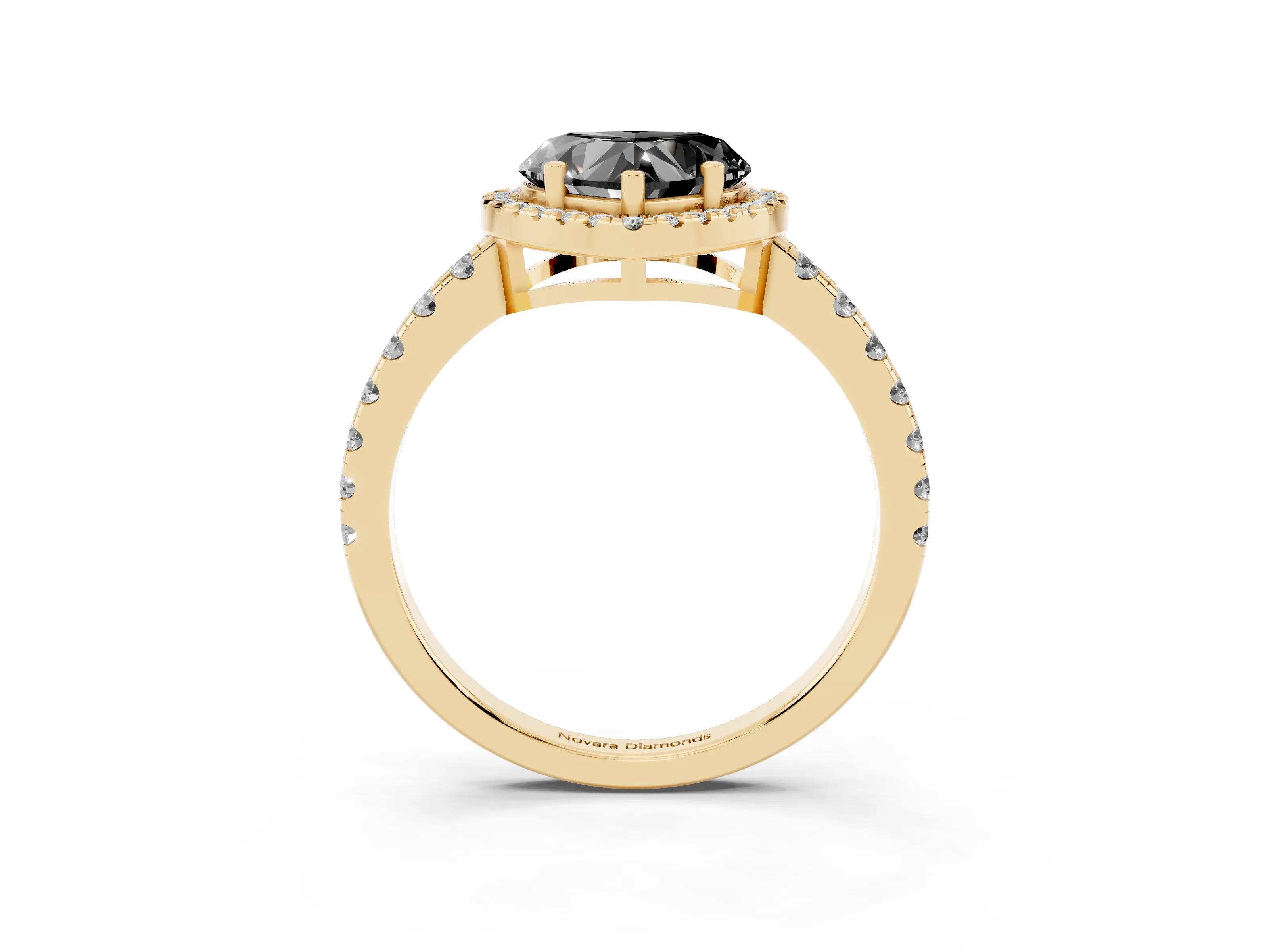 Fancy Black Heart Cut Diamond Halo Ring Set in Yellow gold with Delicate Pavé Band and Prong Setting