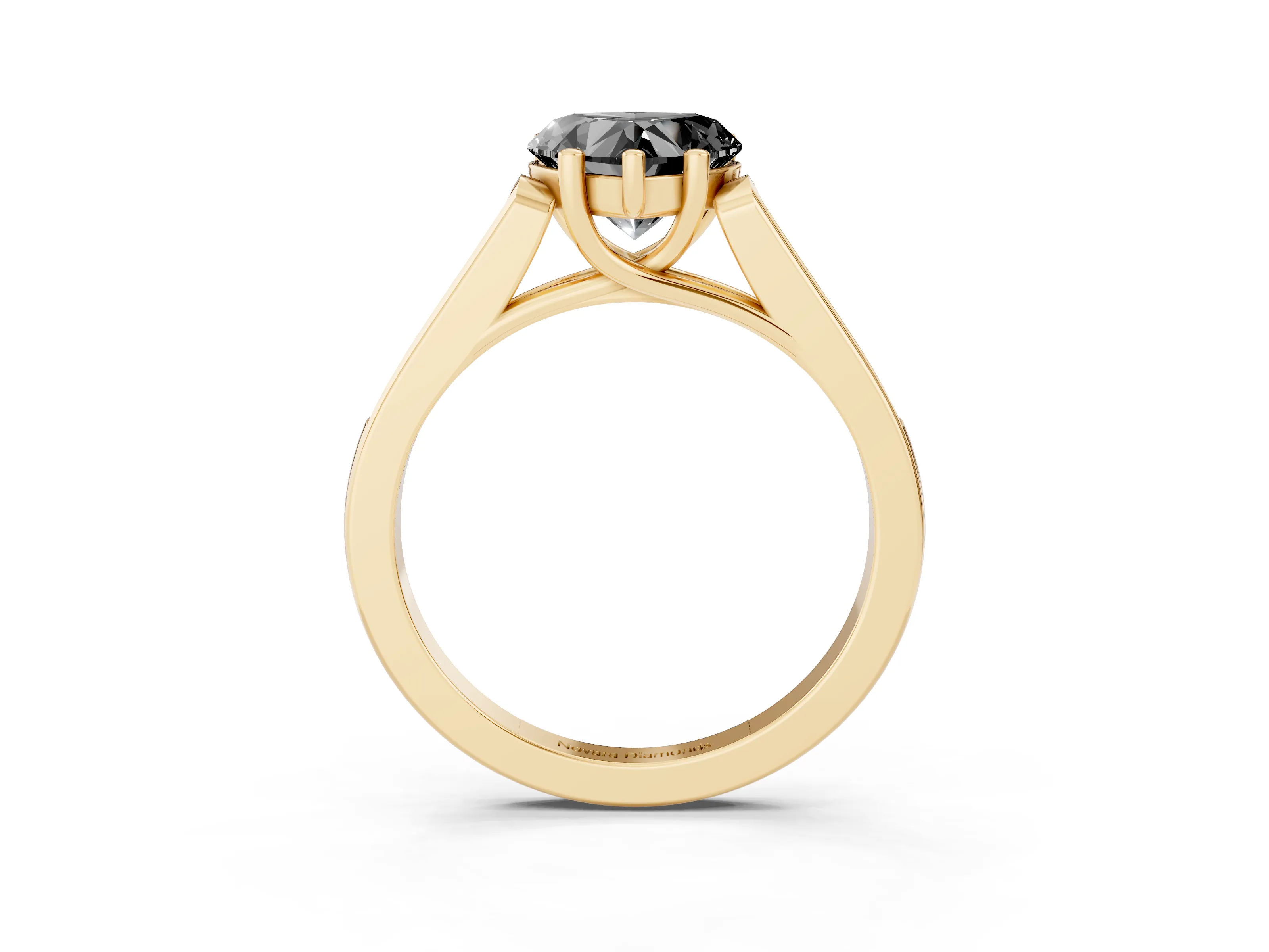 Fancy Black Heart Cut Diamond Solitaire Cathedral Engagement Ring Set in Yellow gold with Channel-Set Band and Prong Setting