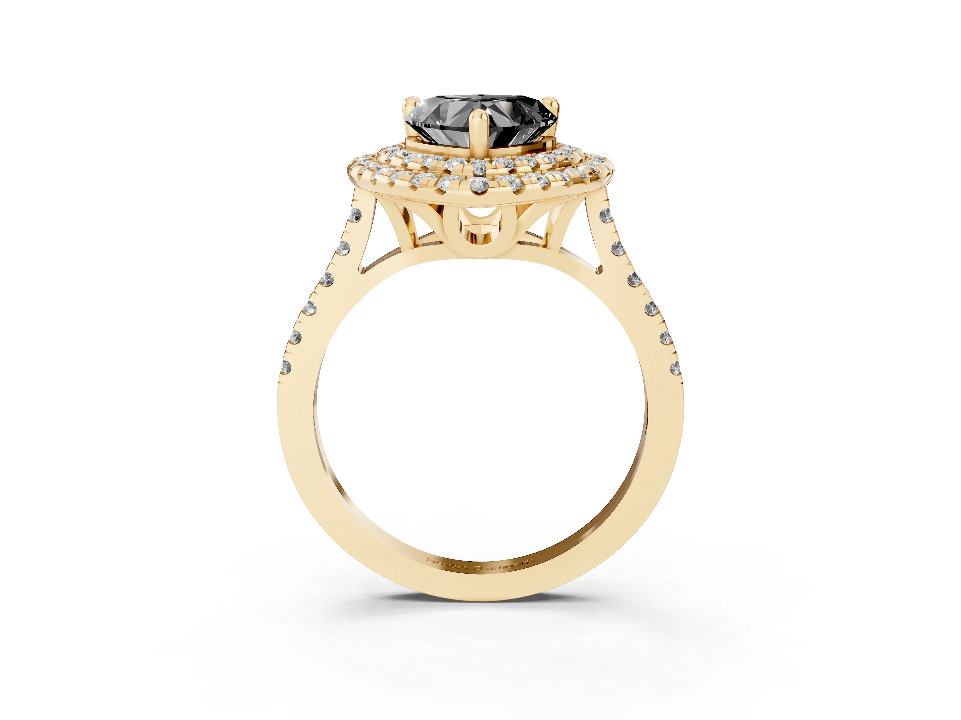 Fancy Black Heart Cut Diamond Double Halo Statement Ring Set in Yellow gold with Pavé Band
