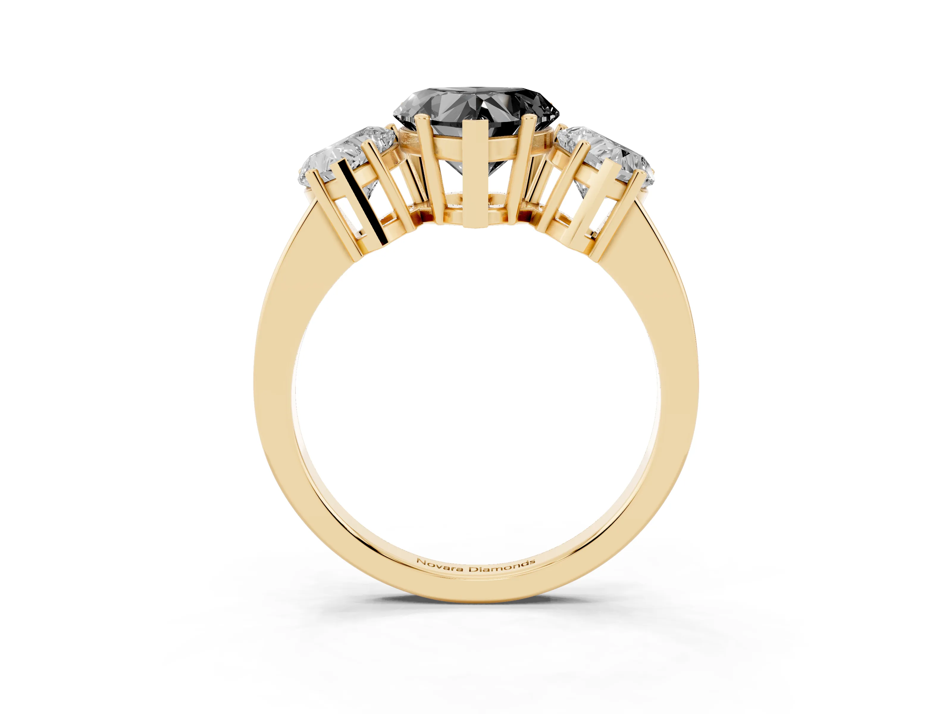 Fancy Black Heart Cut Diamond Three-Stone Engagement Ring Set in Yellow gold with Flat Band