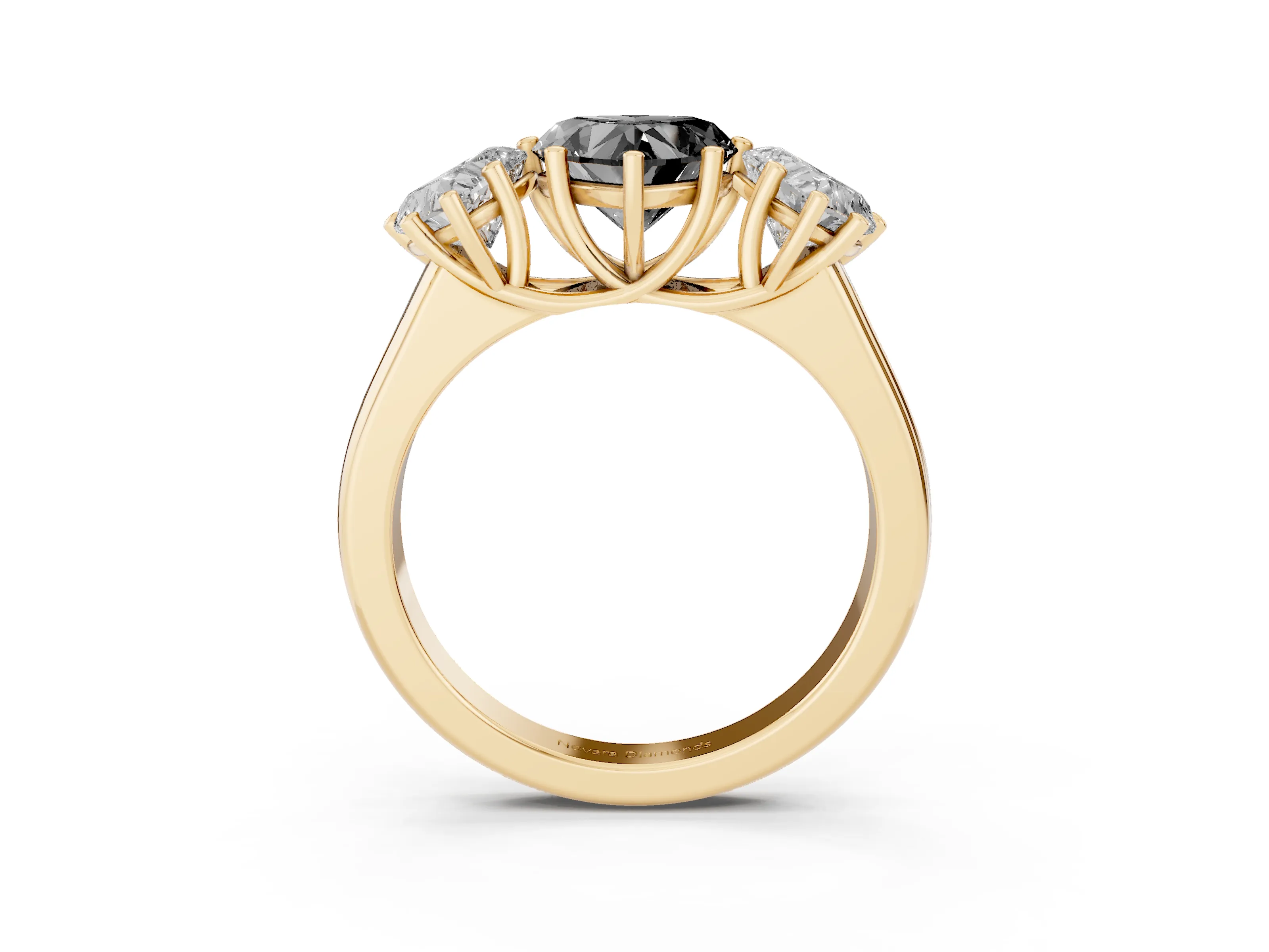 Fancy Black Heart Cut Diamond Three-Stone Ring Set in Yellow gold with Plain Polished Band