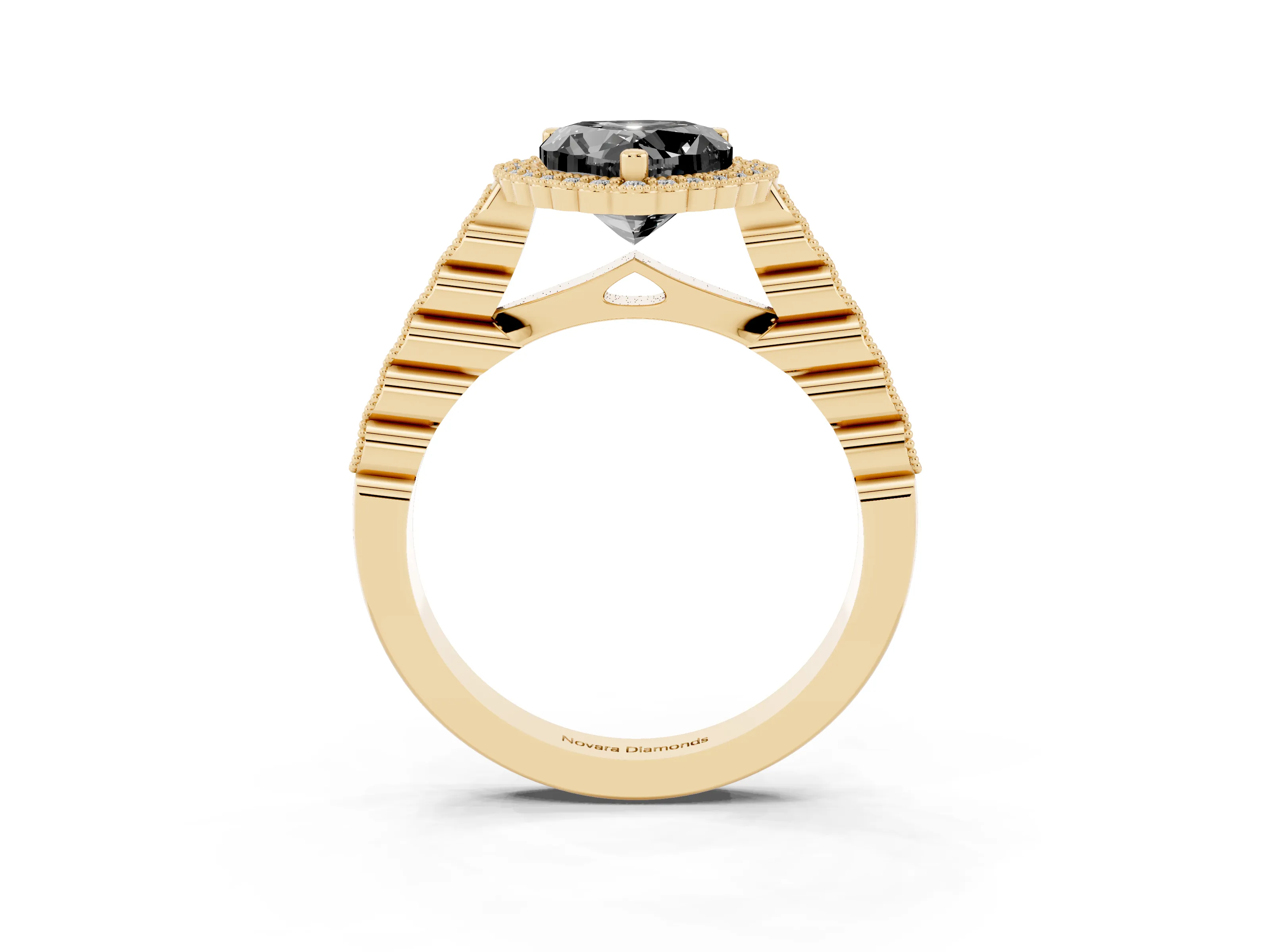 Fancy Black Heart Cut Diamond Halo Ring Set in Yellow gold with Pavé Milgrain Band