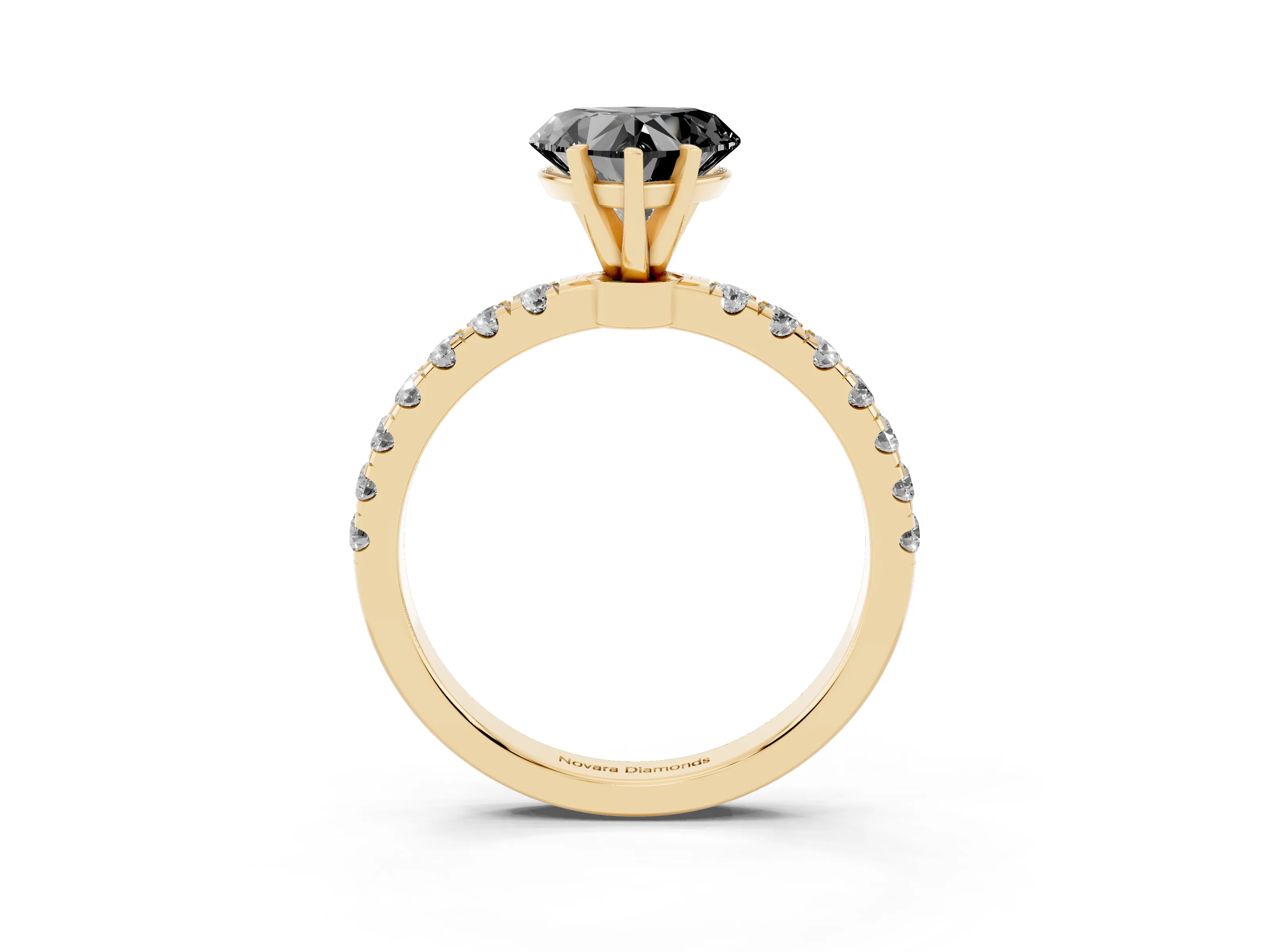 Fancy Black Heart Cut Diamond Solitaire Ring Set in Yellow gold with Pavé Accents and Prong Setting