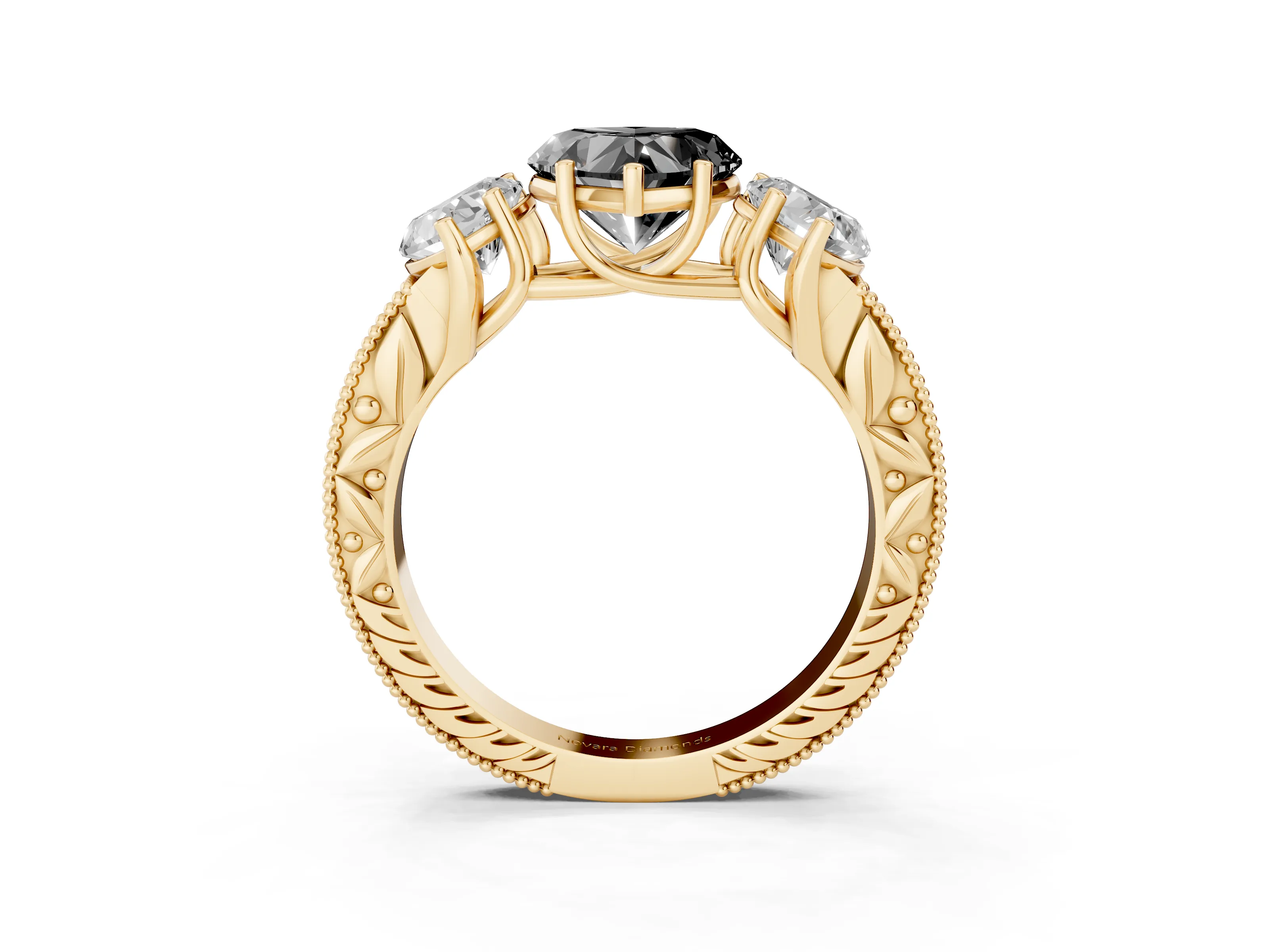 Fancy Black Heart Cut Diamond Three-Stone Engagement Ring Set in Yellow gold with Milgrain Pavé Band