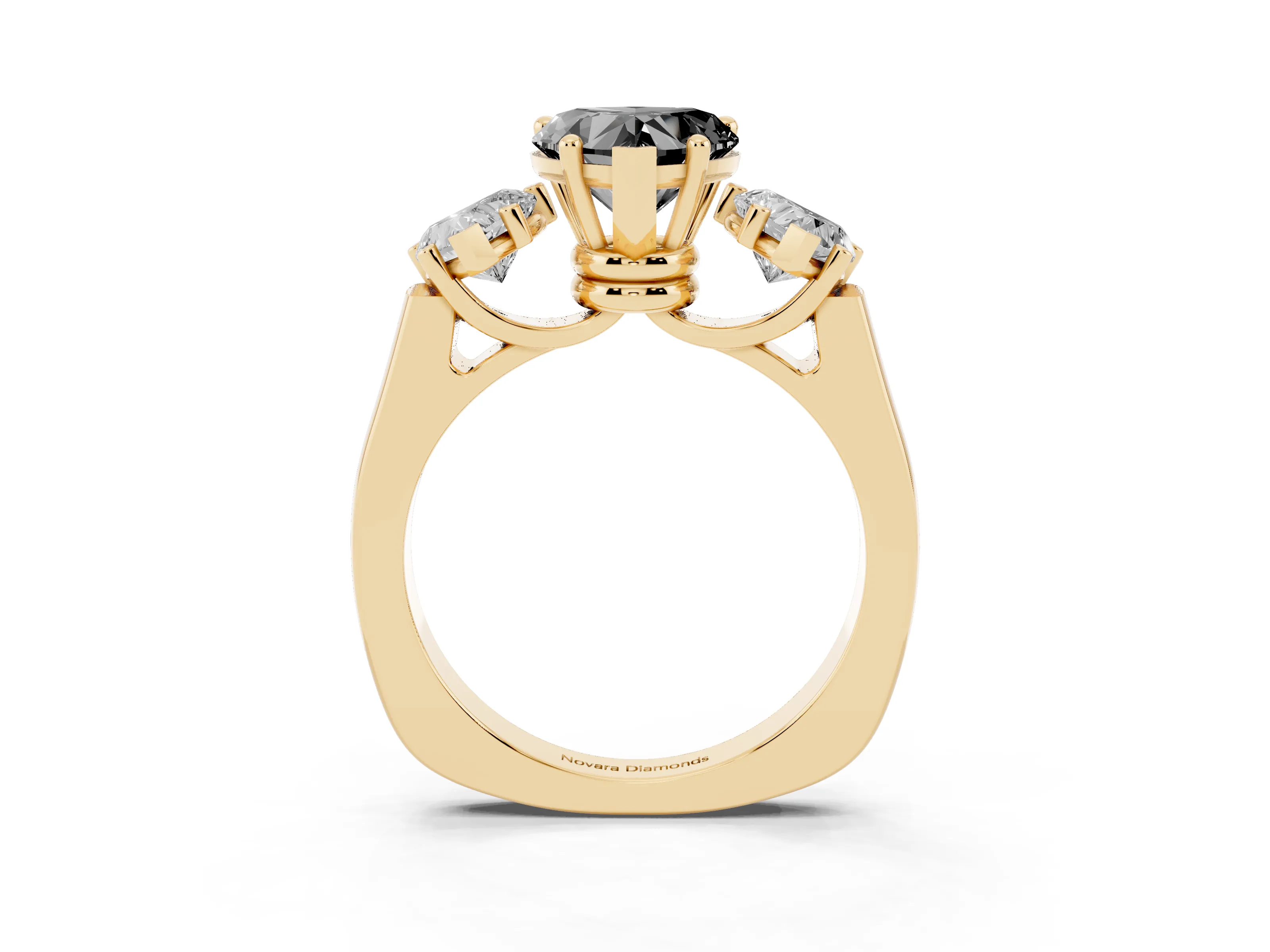 Fancy Black Heart Cut Diamond Three-Stone Trellis Ring Set in Yellow gold with Comfort Fit Band