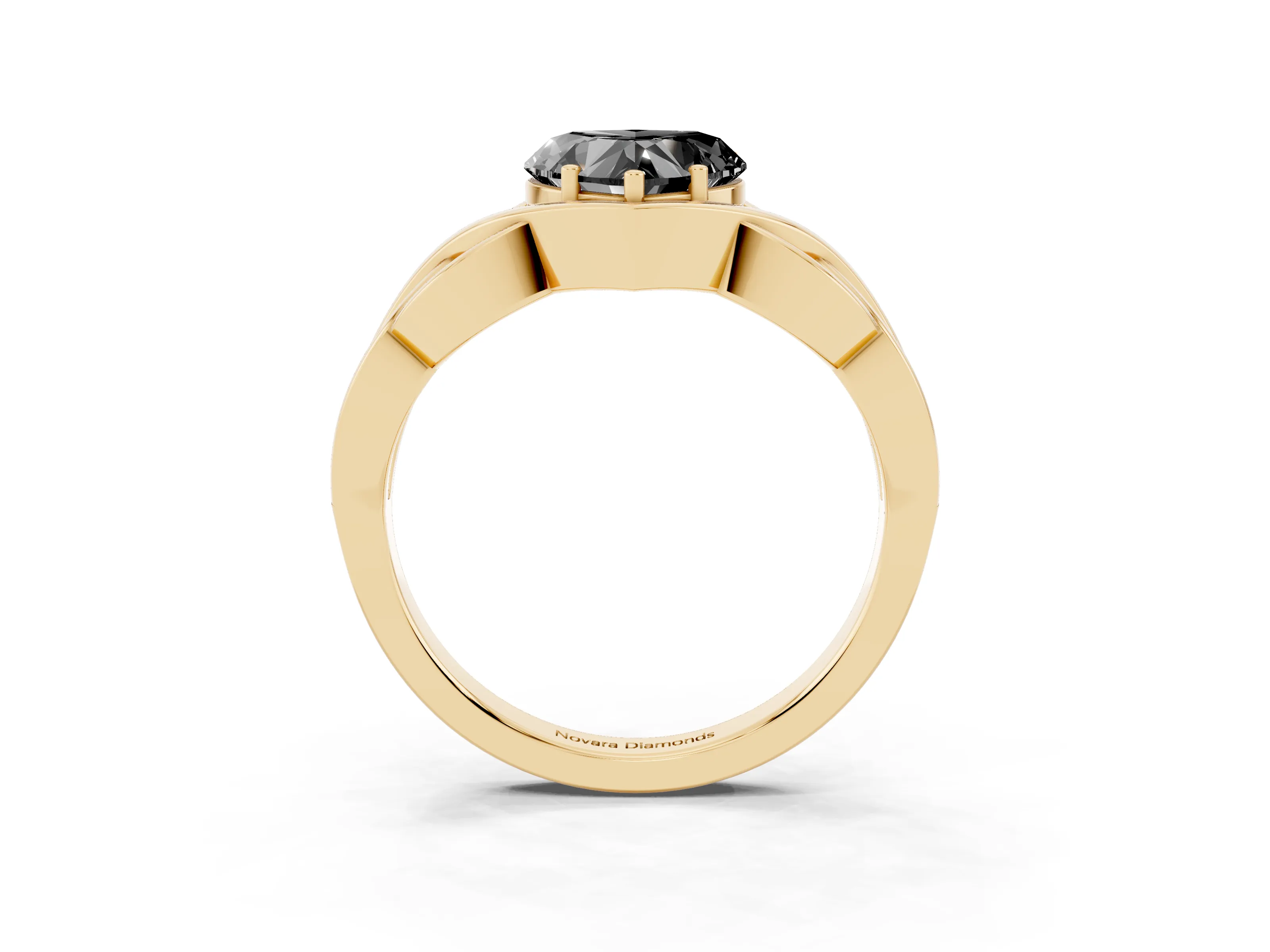 Fancy Black Heart Cut Diamond Solitaire Ring Set in Yellow gold with Intertwined Band