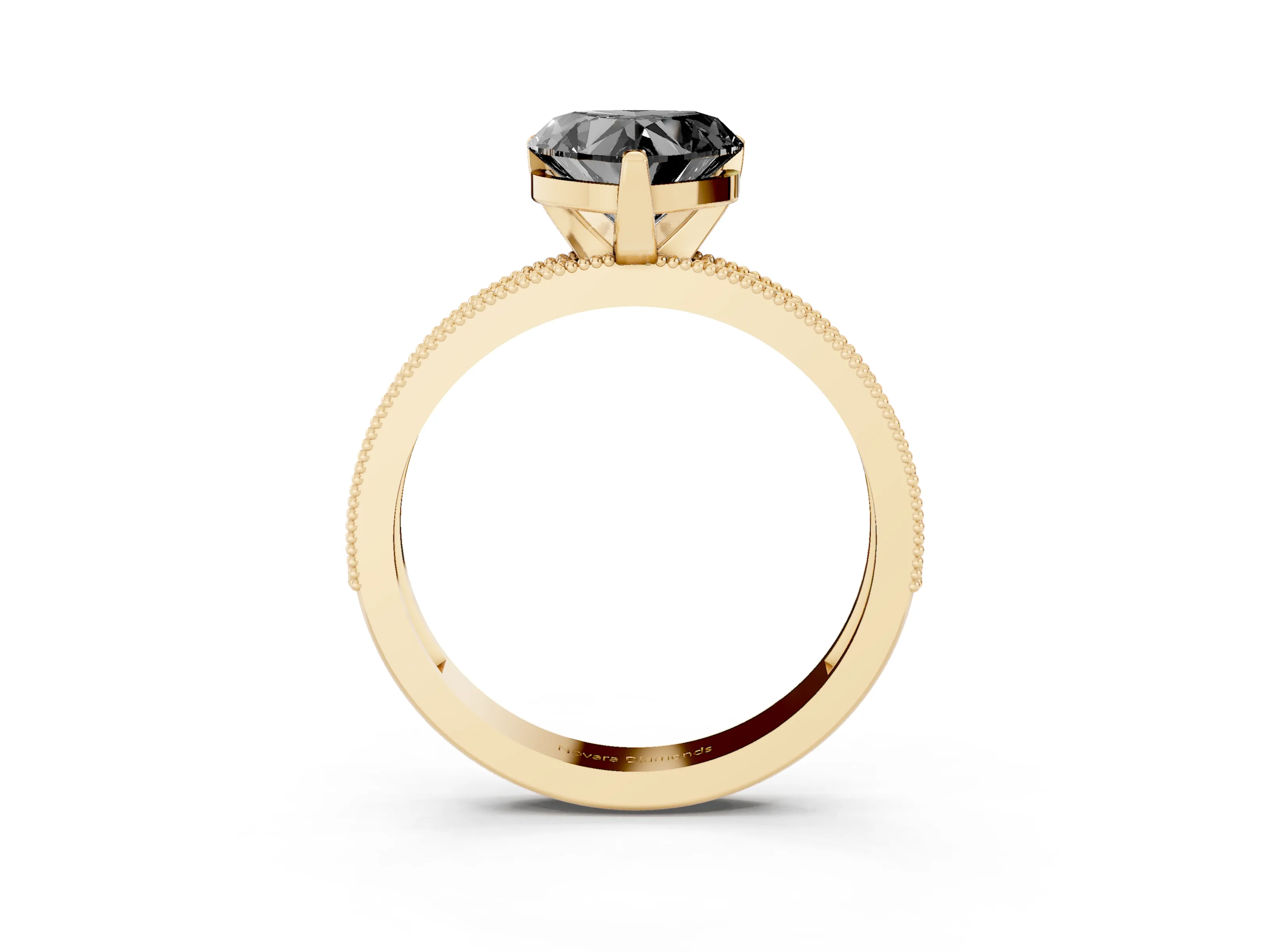 Fancy Black Heart Cut Diamond Milgrain Pavé Engagement Ring Set in Yellow gold with Prong Setting